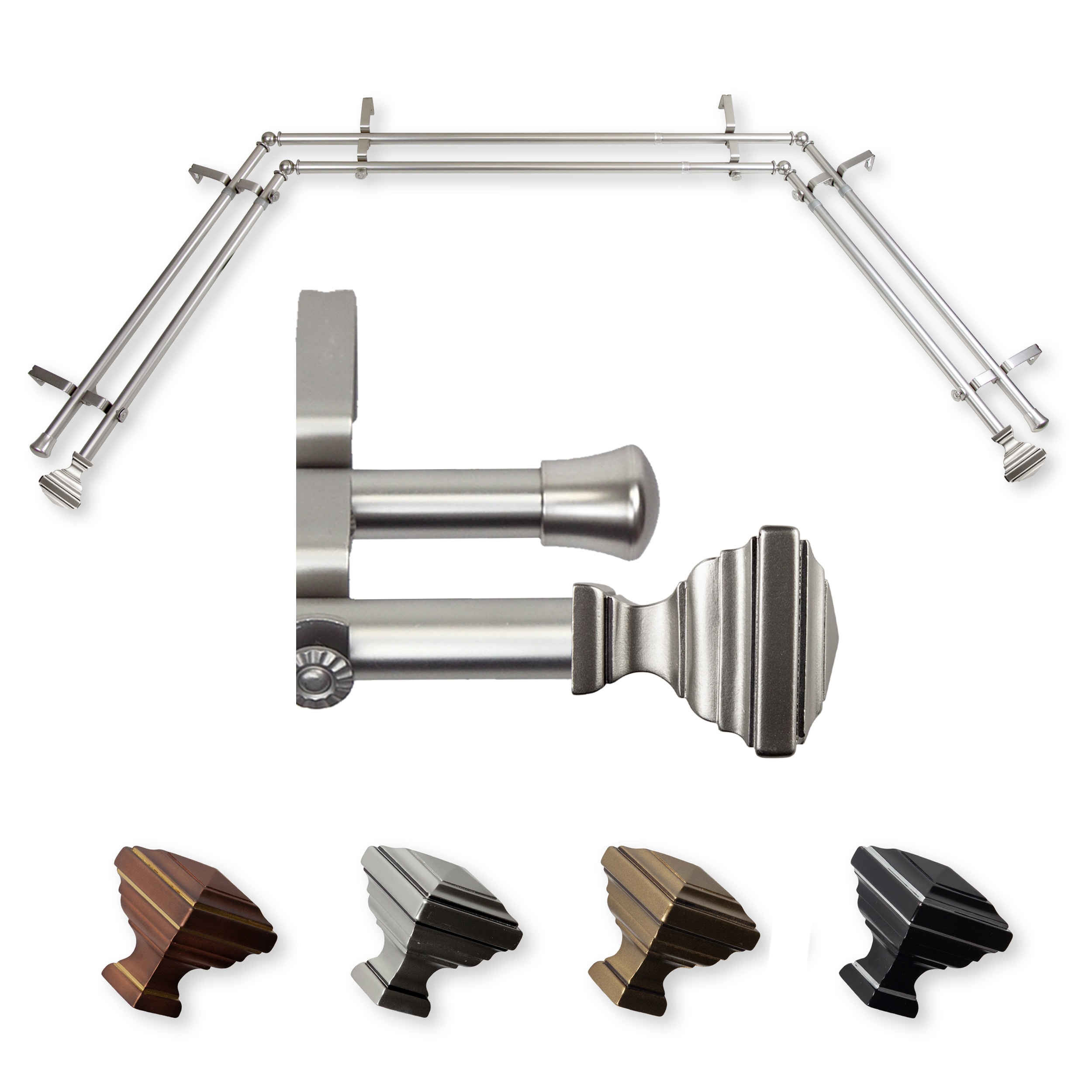 Hart & Harlow L-ABAY-81-5D Dora 13/16-in Double 38-in to 72-in Satin nickel Steel Bay window curtain rod with Finials