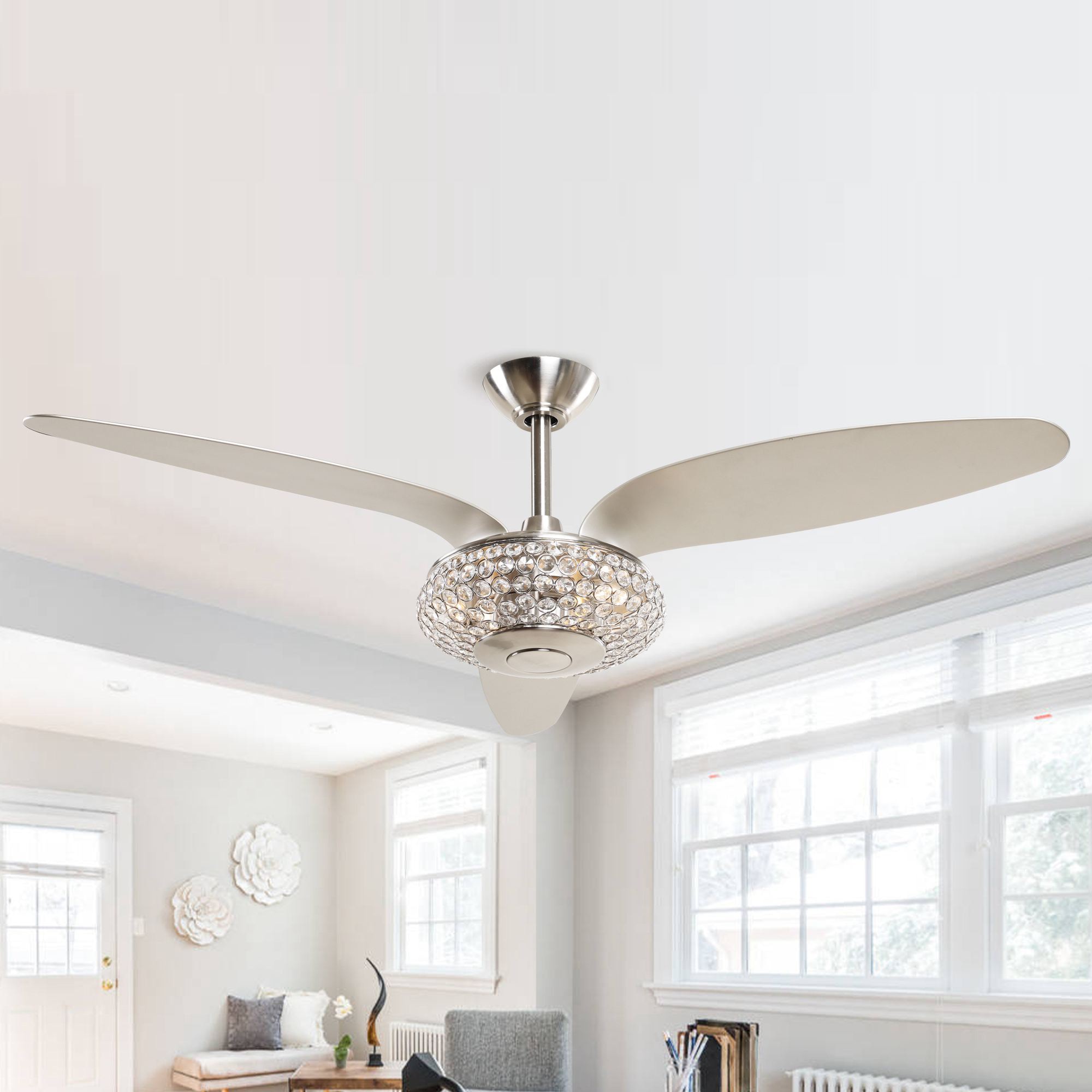 Parrot Uncle F6168110V 52-in Brushed Nickel with Silver Blades LED Indoor Chandelier Ceiling Fan with Light and Remote (3-Blade)