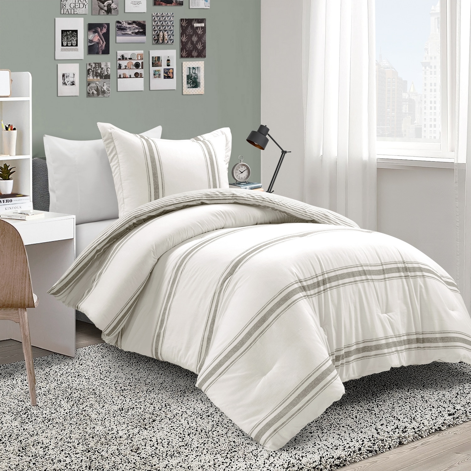 Lush Decor 21T011911 Gray Stripe Reversible Twin extra long Comforter Cotton