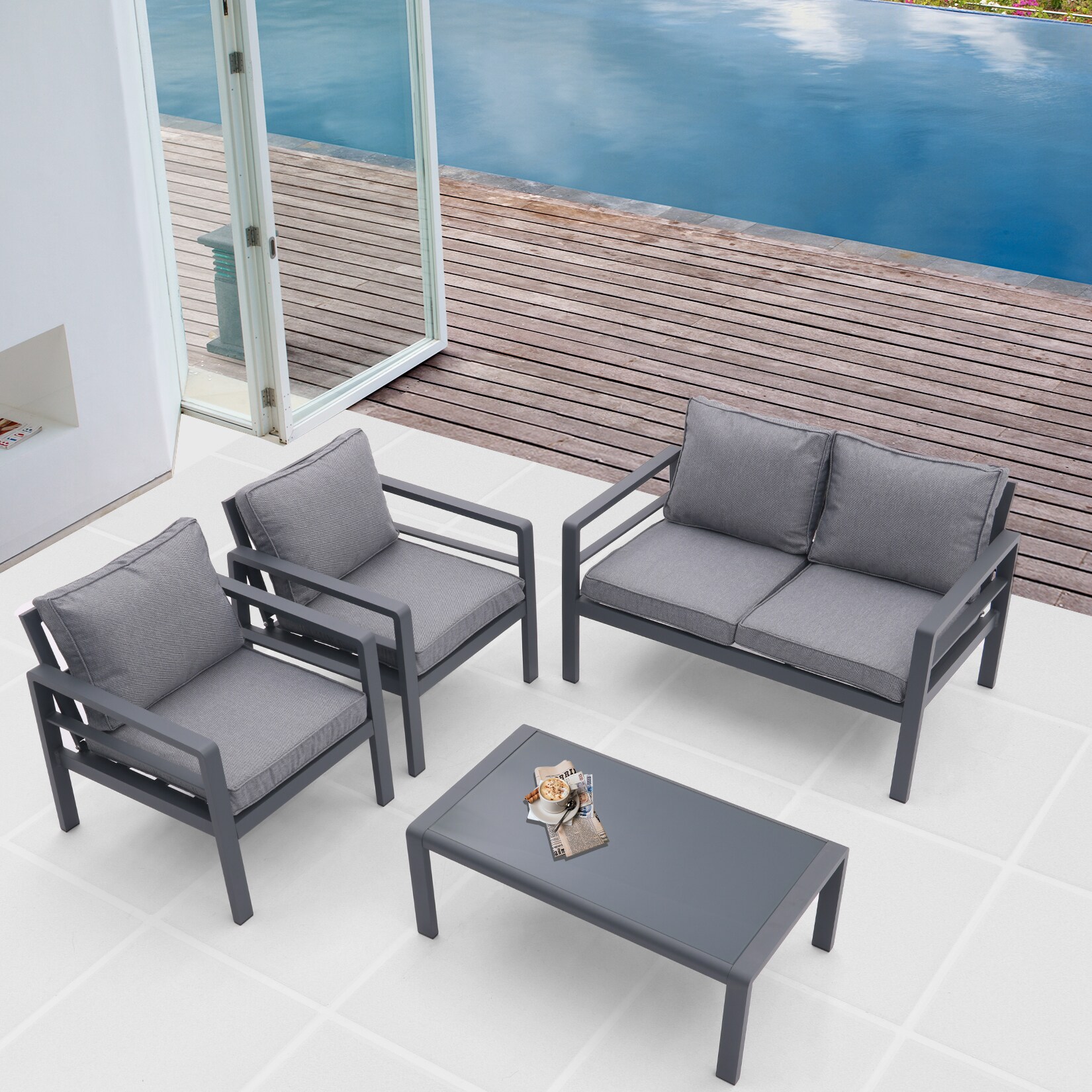 Mondawe MA-KNS00014-BW 4-Piece Patio Conversation Set with Gray Cushions