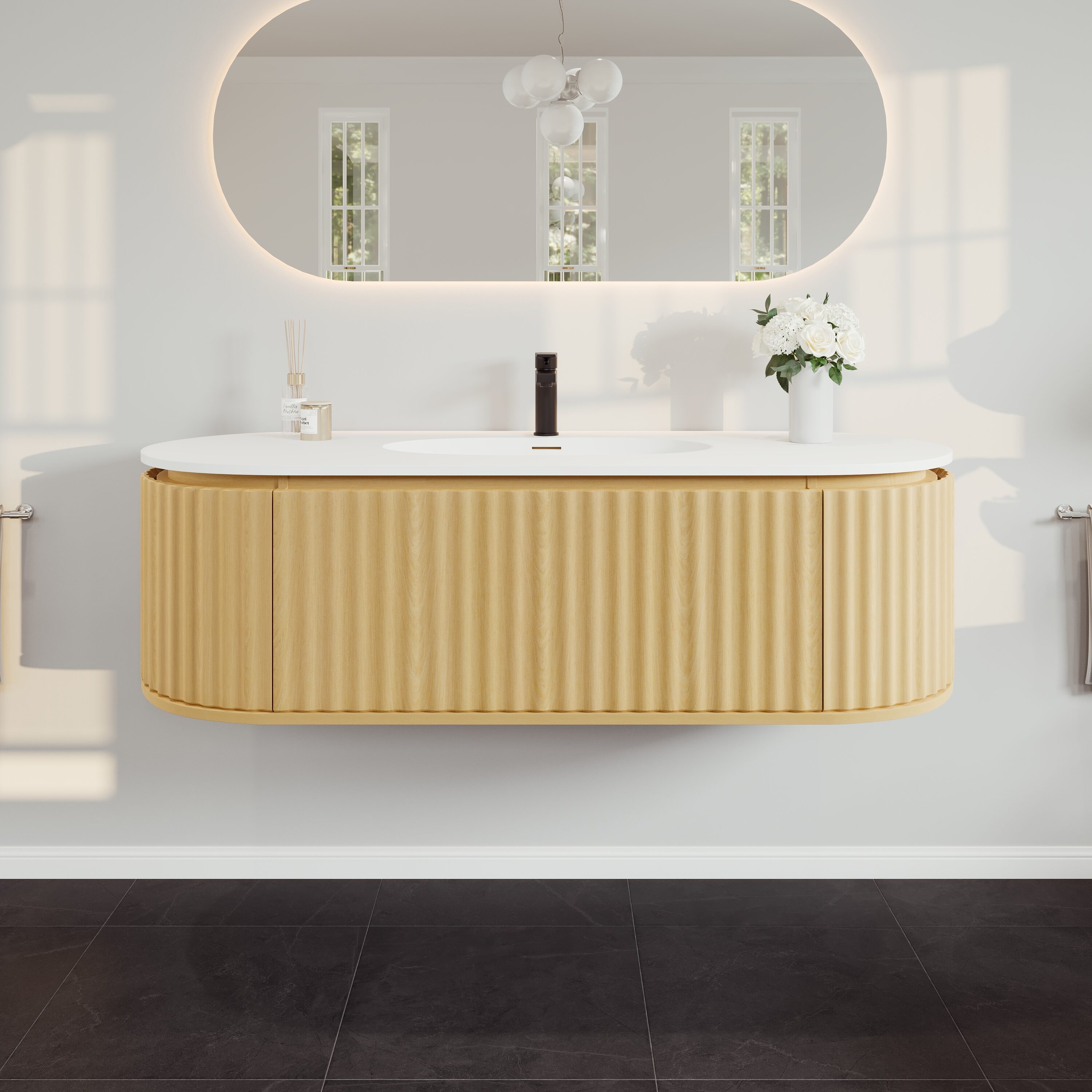 Eviva EVVN202-55OAK-WM Haven 55-in Natural Oak Single Sink Floating Bathroom Vanity with White Solid Surface Top