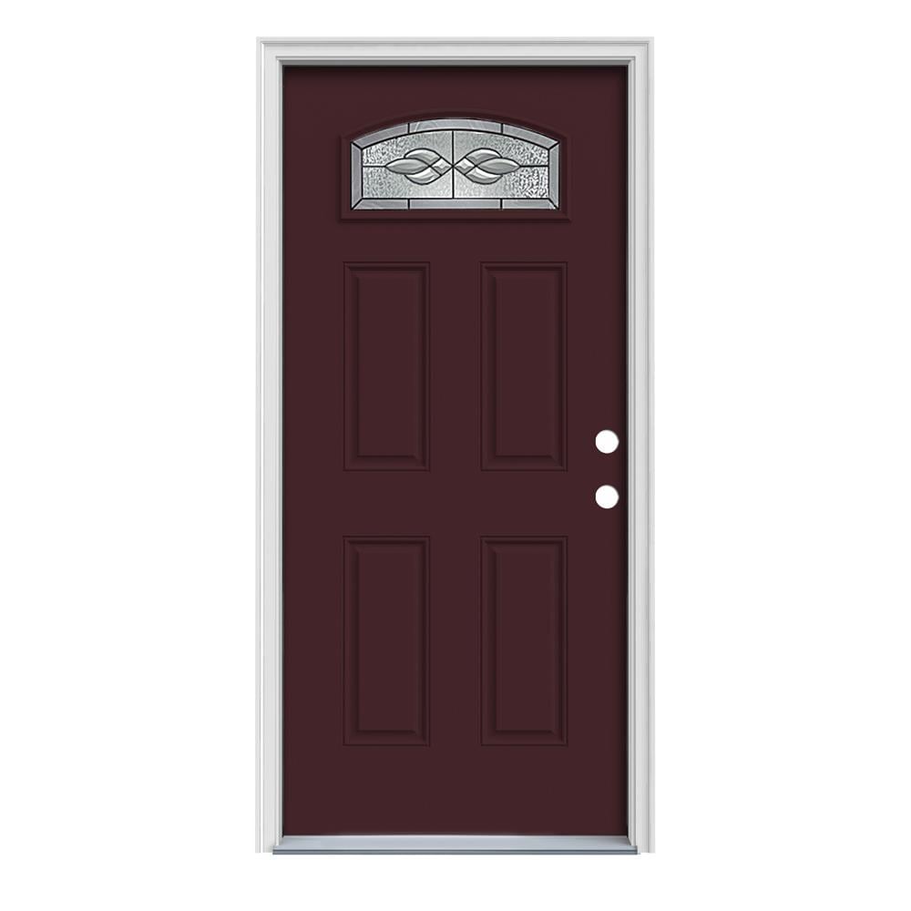 JELD-WEN LOWOLJW167600231 Hampton 32-in x 80-in x 4-9/16-in Steel 1/4 lite Left-hand inswing Currant Painted Prehung Front Door with Brickmould Insulating core