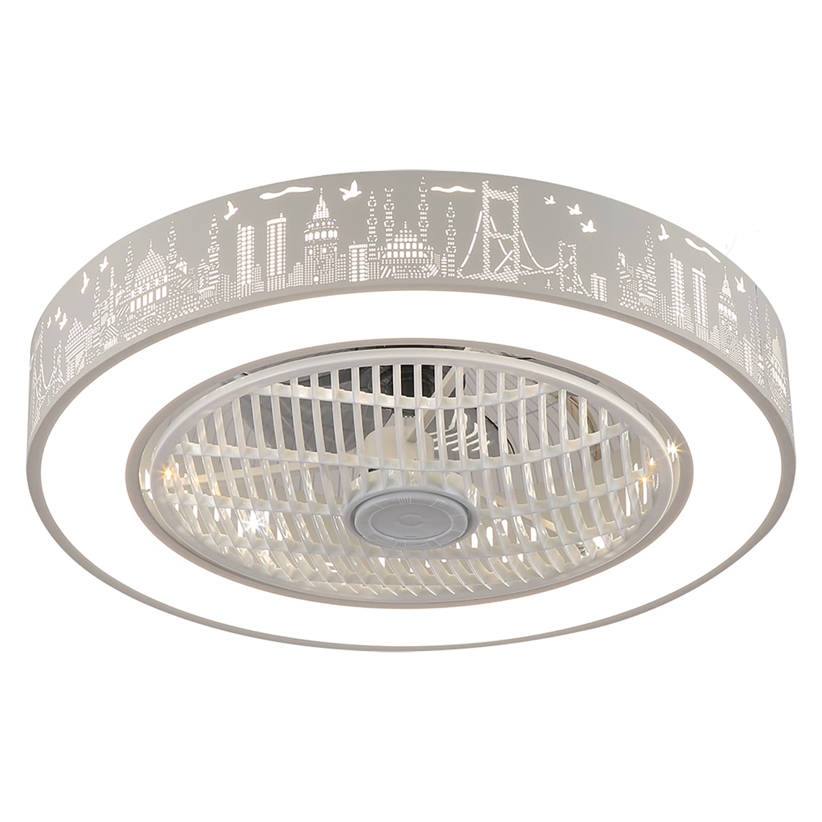 Oukaning HG-HJWJL-6385-US 21.5-Inches Harbor Style Round Stepless Dimming with ABS Blades Color-Changing Integrated LED Fixture Indoor Flush mount Bladeless Ceiling Fan With Light and Remote ( 5 -Blade)