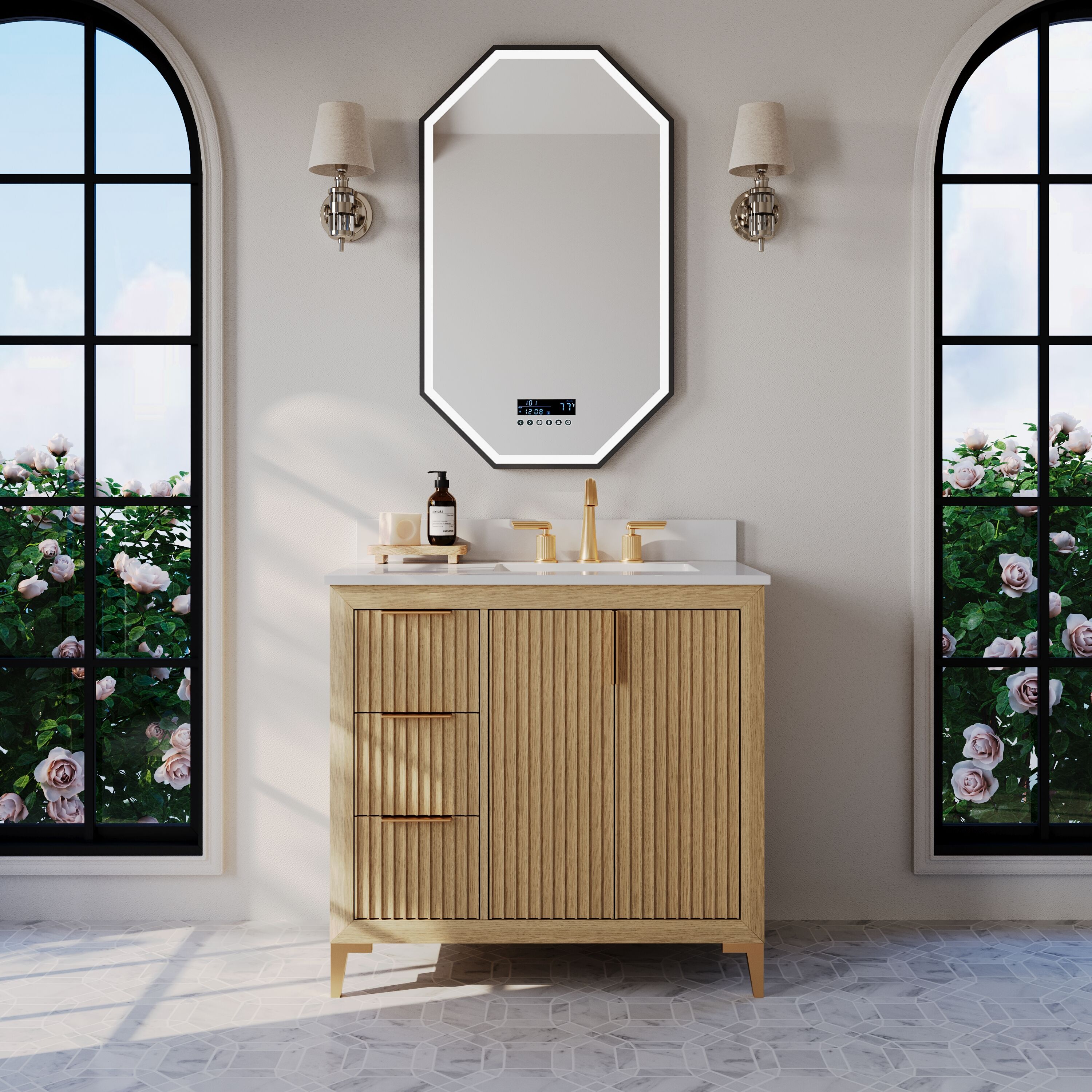 Ancerre Designs VTSTURLINGTON36OAKWQ Turlington 36-in Oak Undermount Single Sink Bathroom Vanity with White Quartz Top