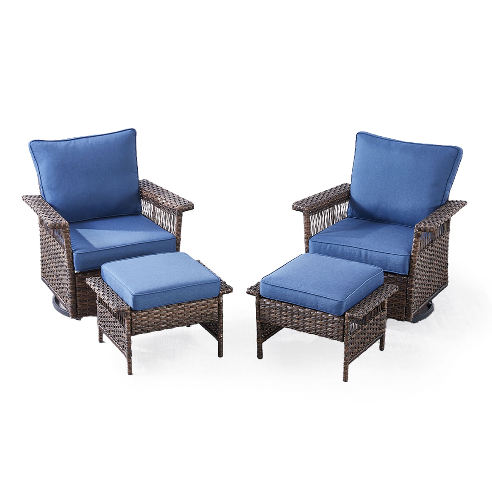 Rilyson Seagulls Set of 2 Wicker Brown Wicker Frame Swivel glider Rocking Chair with Blue Cushioned Seat