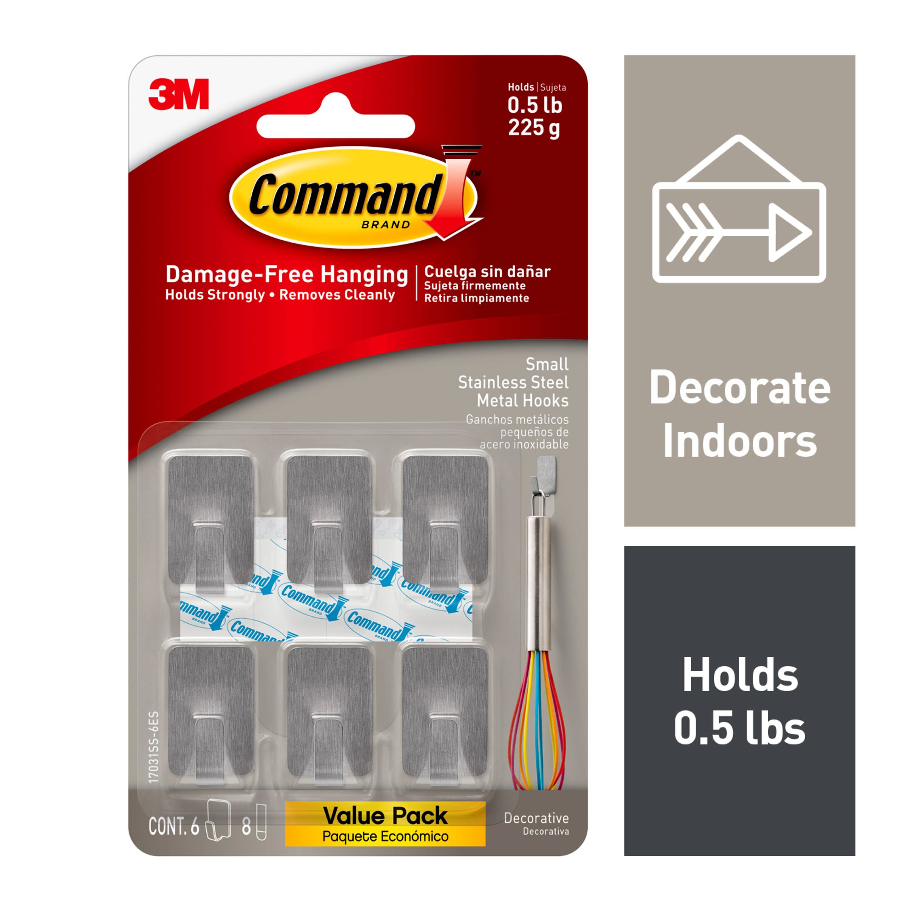 3M Command Small Stainless Steel Metal Hooks, 6 Hooks, 8 Strips 17031ss-6es  in the Picture Hangers department at