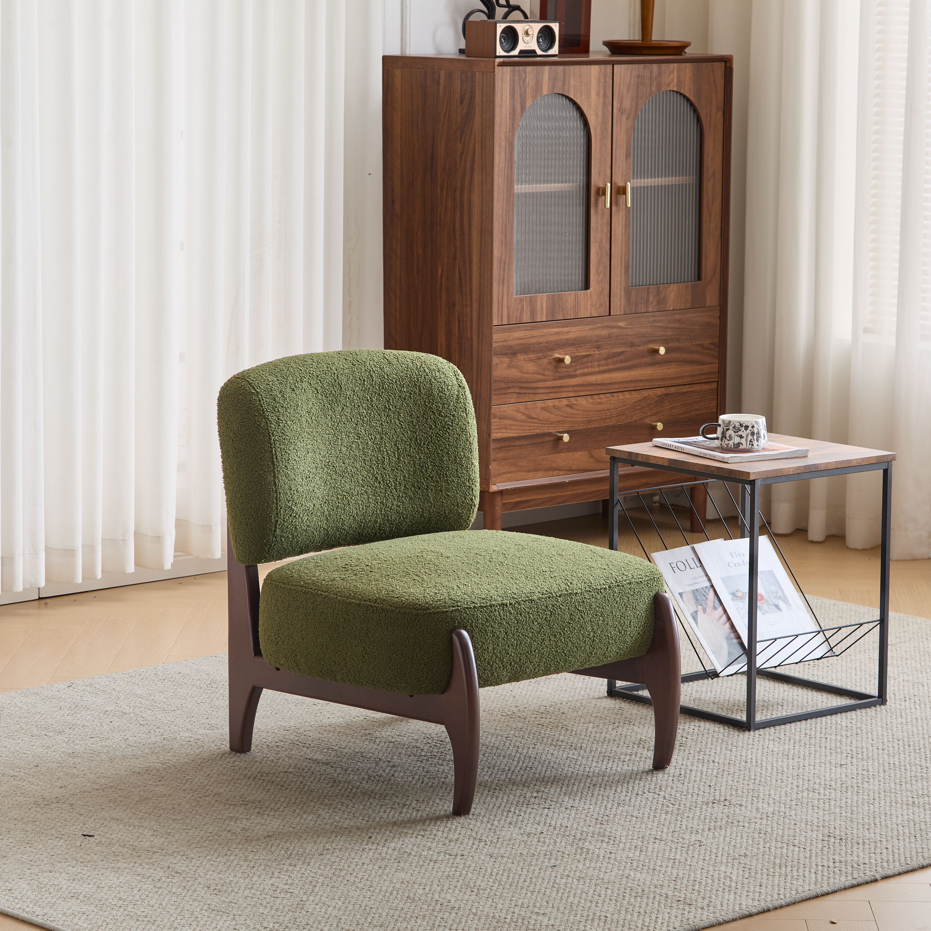 Christopher Knight Home 326281 Ellis Modern 25.5 Inch Boucle Lounge Chair with Solid Wood Frame Green