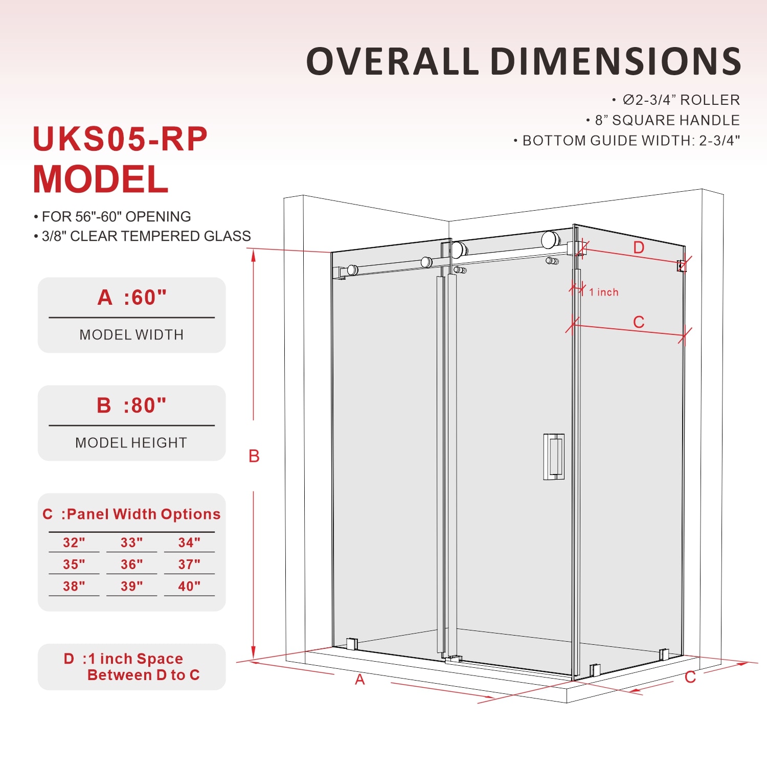 UNIKOO UKS05 56 to 60 in. W X 37-1/8 to 38 in. D X 80 in. H U-Channel ...
