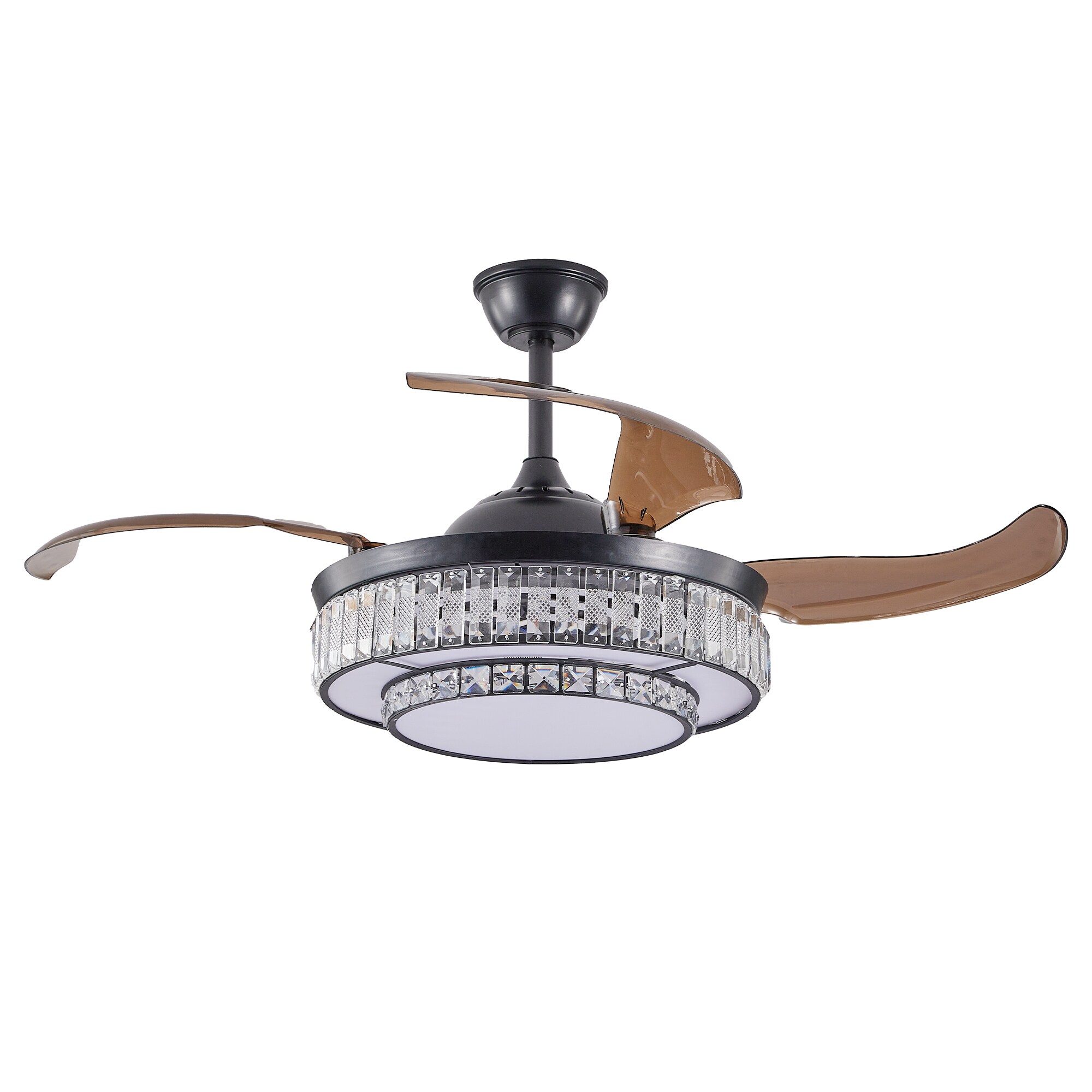 WELLFOR AMYU-30BK Multi-Speed LED Retractable Ceiling Fan 48-Inches Matte Black with Clear Blades Color-Changing Integrated LED Fixture Indoor Downrod mount Standard Ceiling Fan With Light and Remote ( 4 -Blade)