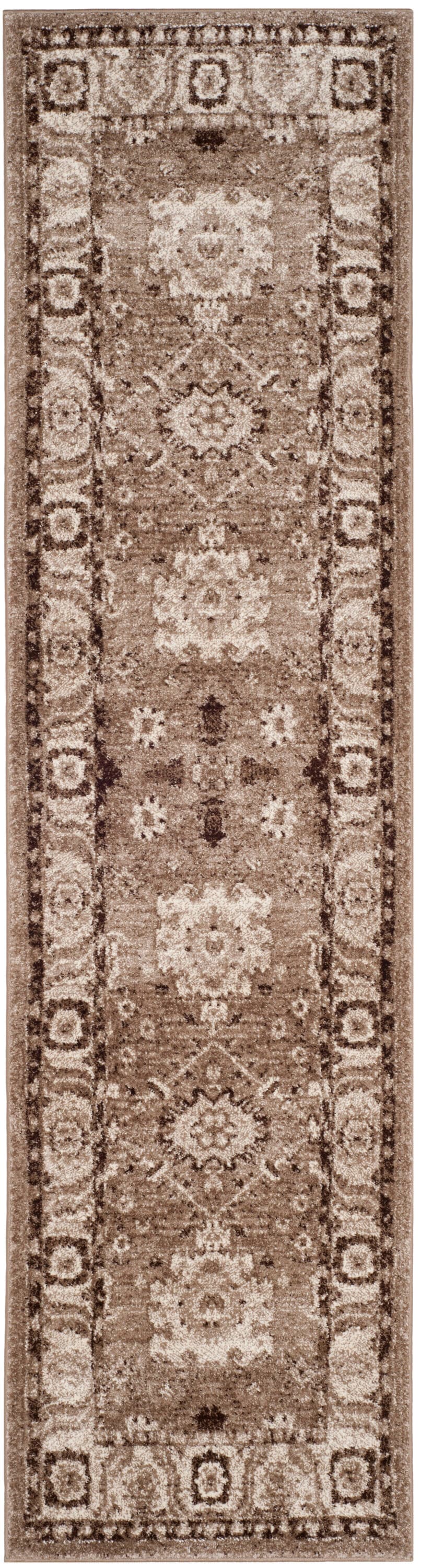 Taupe Floral Motif Synthetic Runner with Border Embellishment