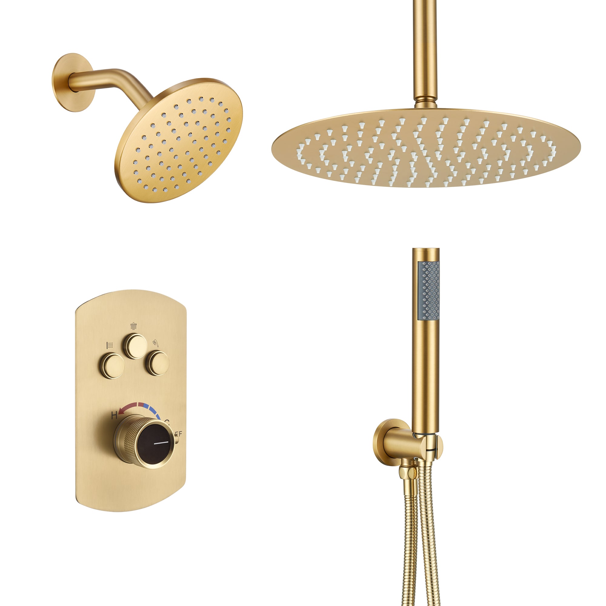 Round Three-Handle Two-Function Bathroom Shower Set - Gold Brushed