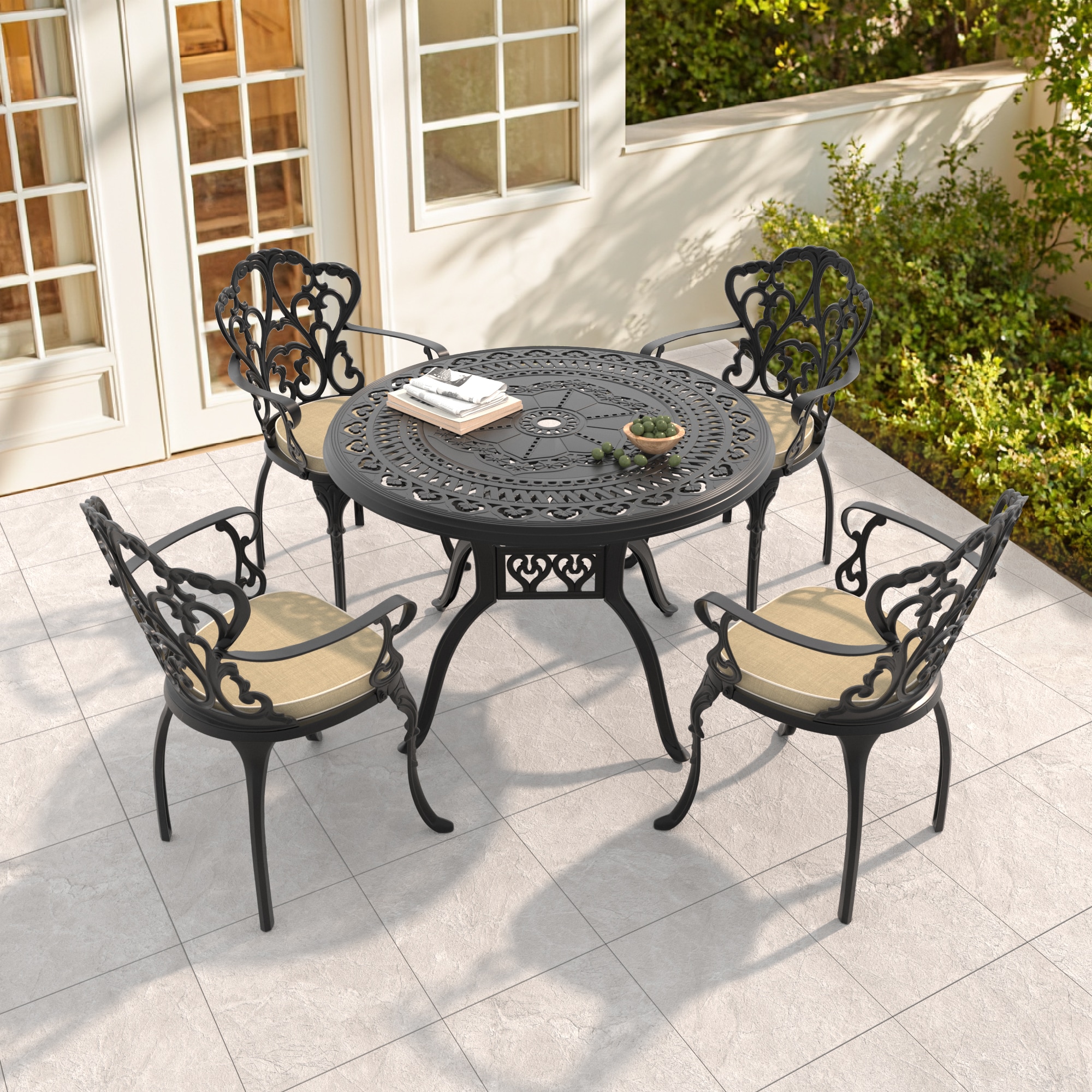 nicesure SLBK6047CZ4A1110RC 5 -Piece Black Patio Dining Set Aluminum Round Table with 4 Cushions Stationary Chairs