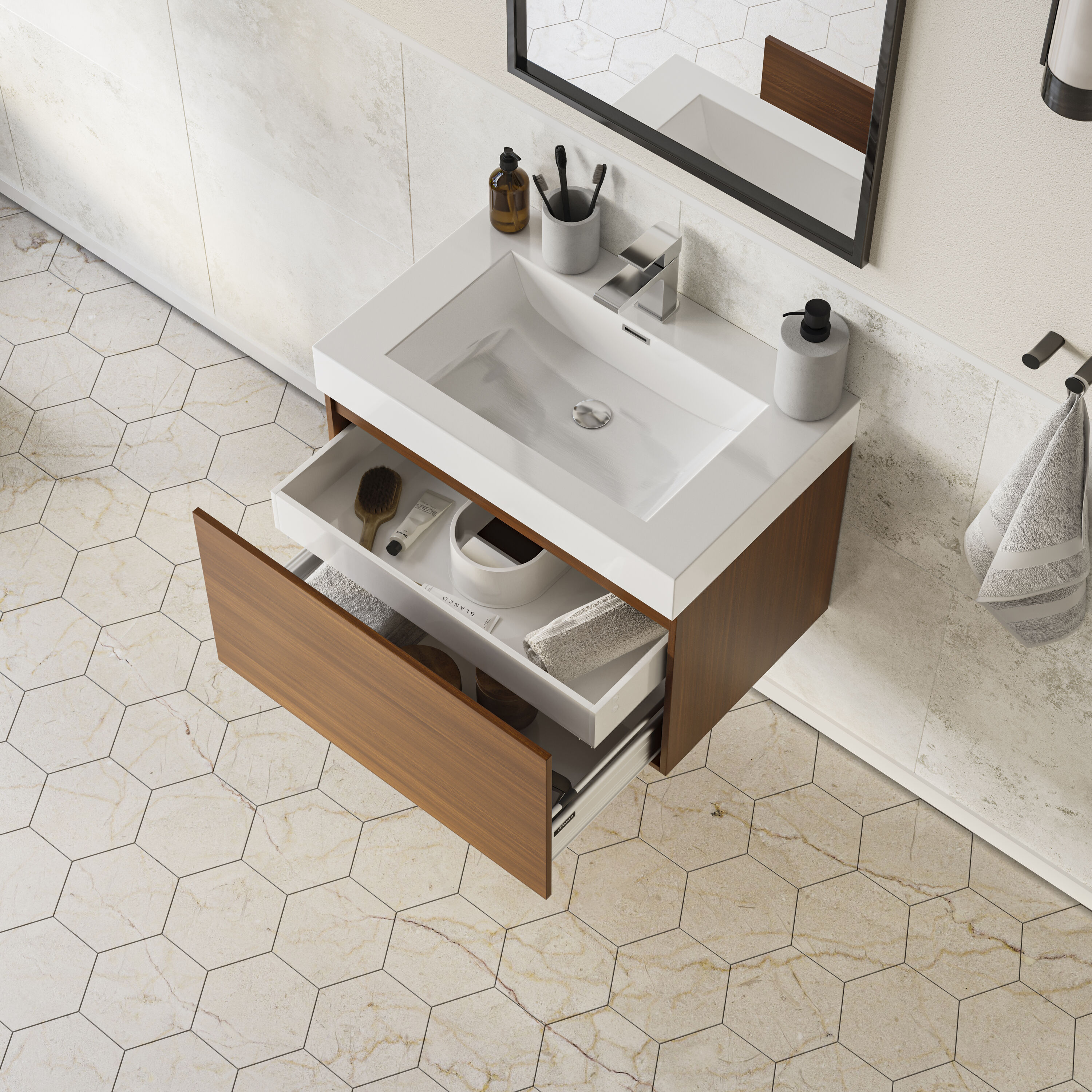 Teak 30" Wall-Mounted Single Sink Bathroom Vanity with Acrylic Top
