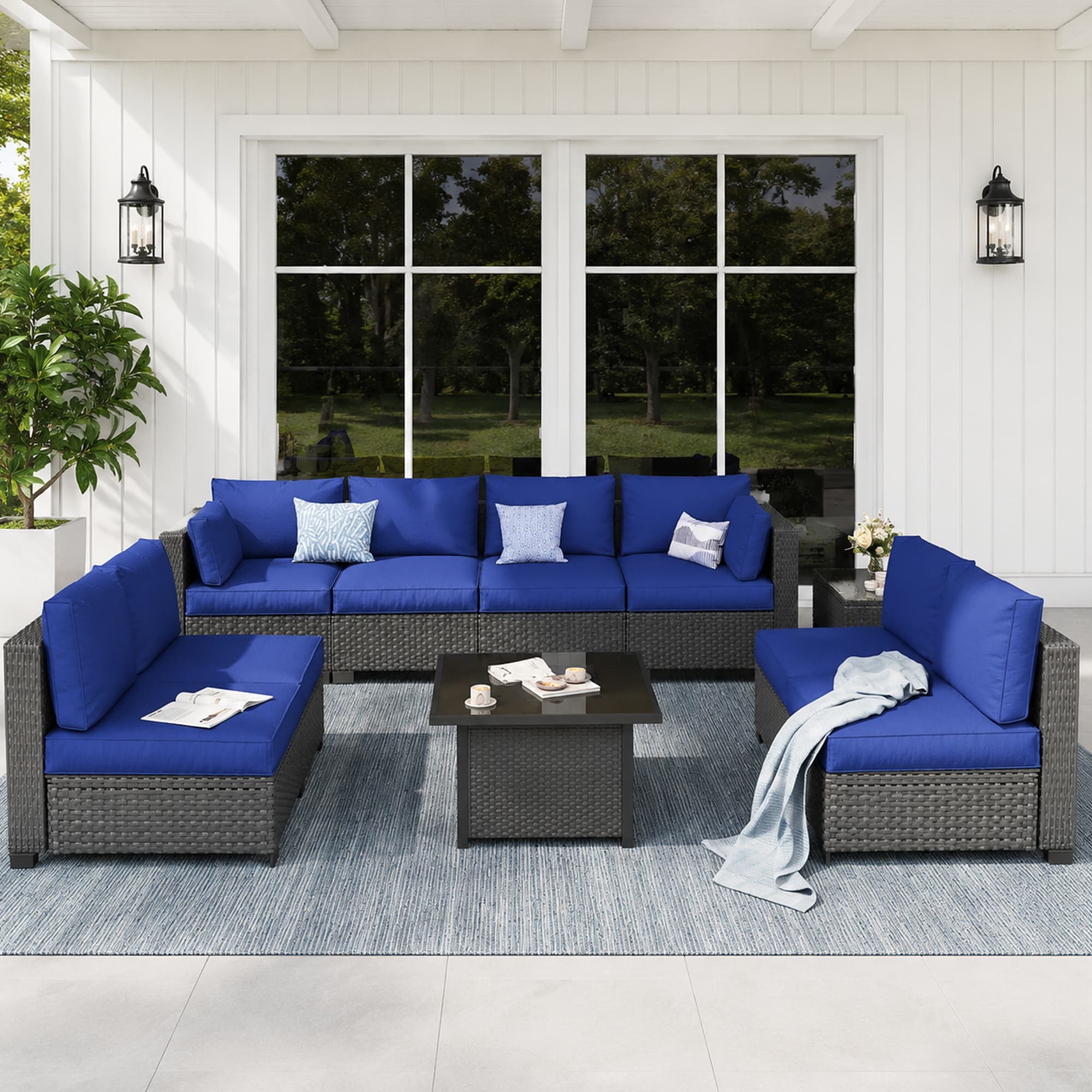 HYALON 9-Piece Wicker Outdoor Patio Conversation Sectional Seating Set with Coffee Tables and Navy Blue Cushions