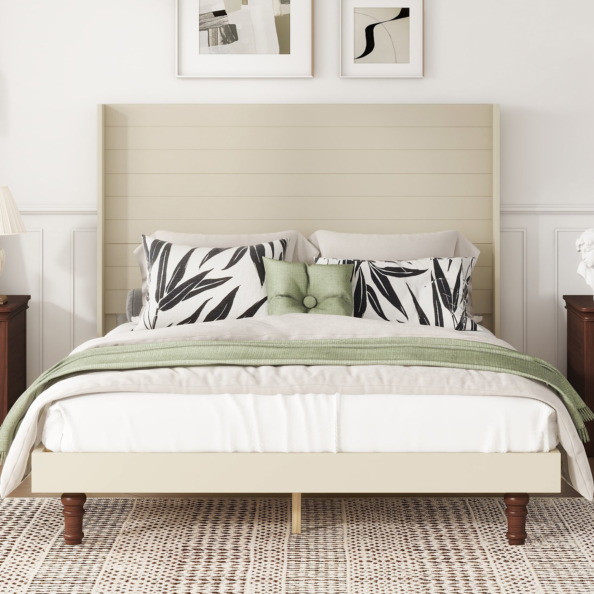 GDFStudio Stylish High Headboard Bed   54   High Headboard   High Quality   Comfortable High  Back Design Ideal for Reading or Relaxing   Queen Size   Beige