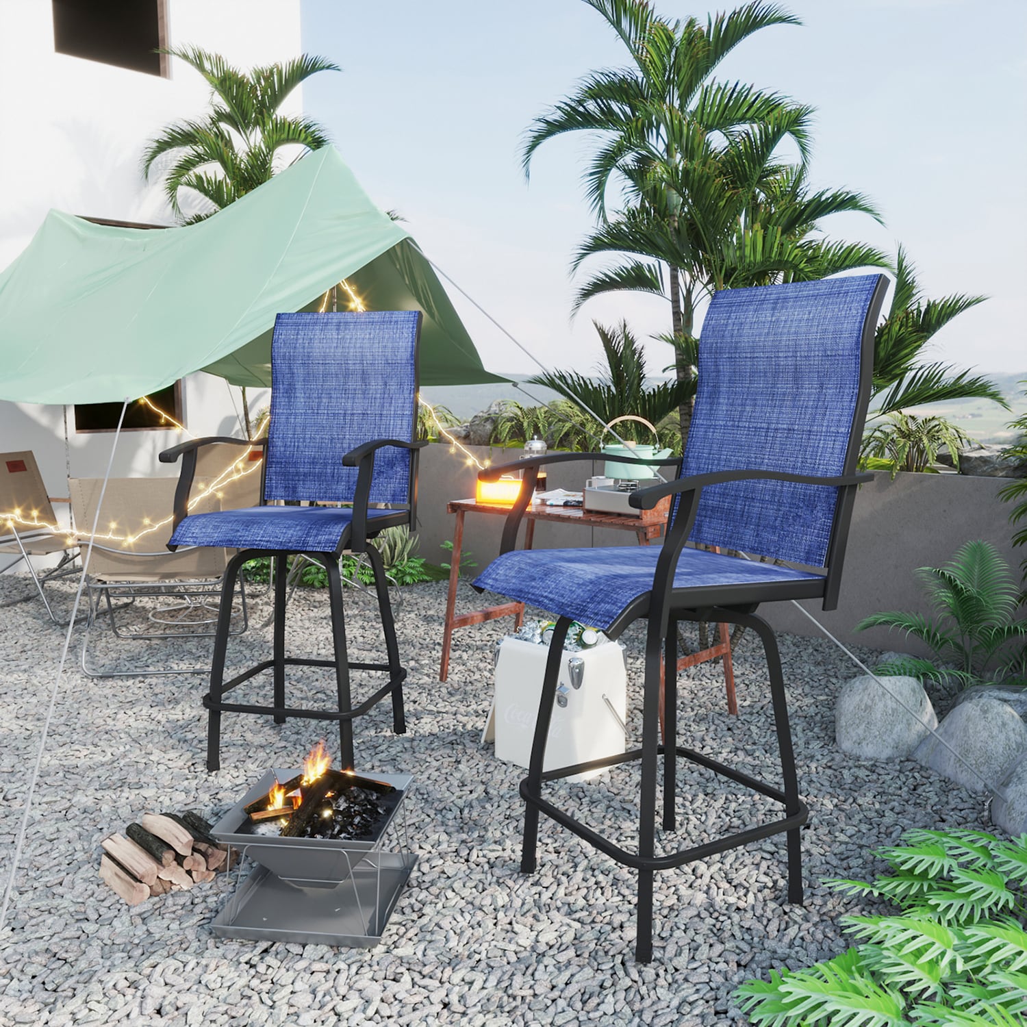 MIDHAM AMKF170098-03 Patio 360-Degree Swivel Outdoor Bar Stool set of 2 Set of 2 Woven Black Steel Frame Swivel Conversation Chair with Blue Woven Seat