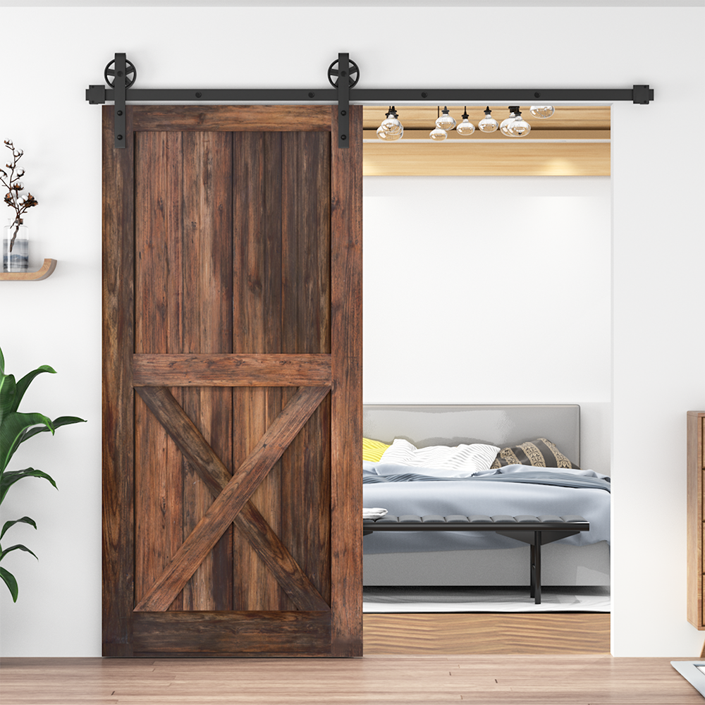 WINSOON 72-in Matte Black Indoor Spoke Wheel Single Barn Door Hardware ...