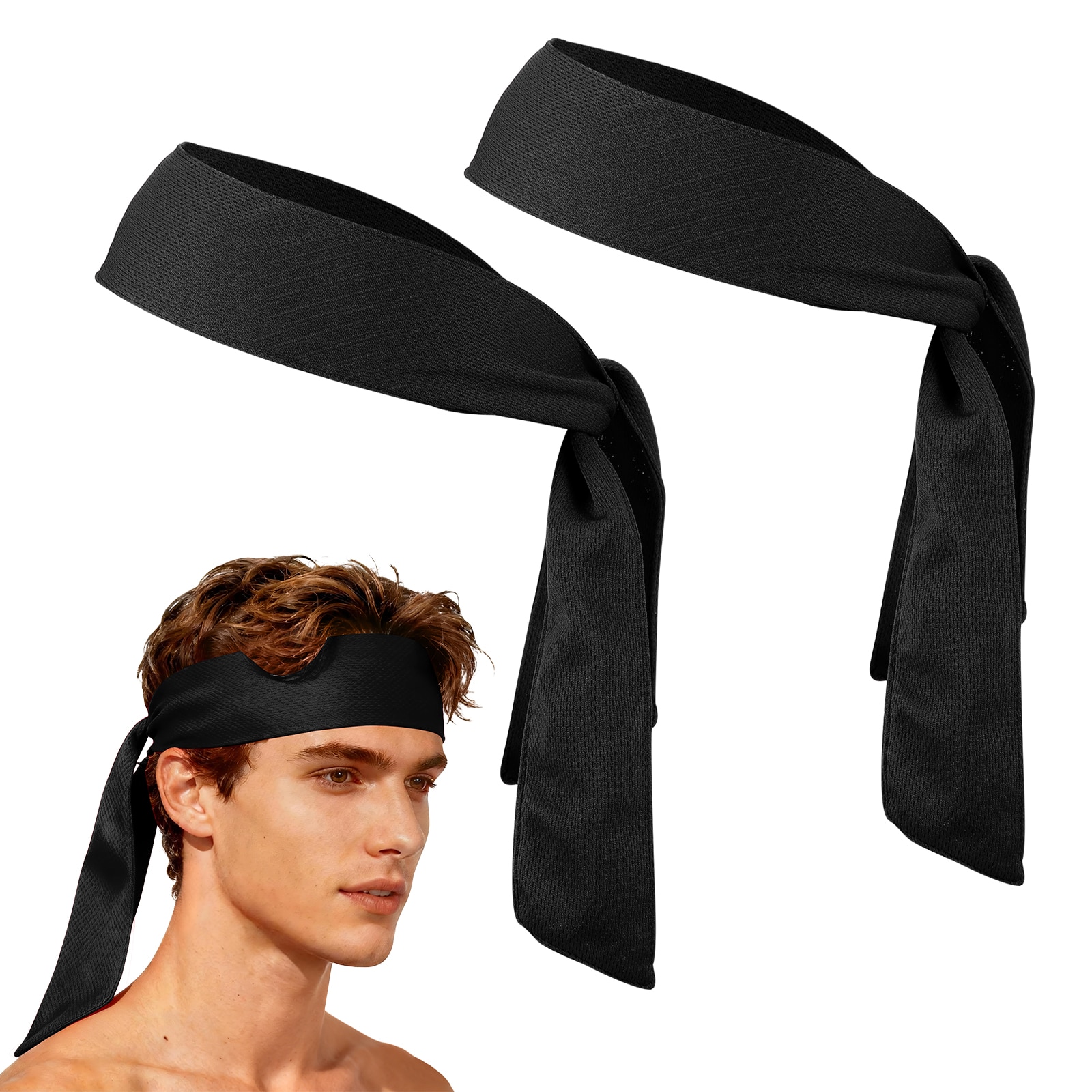 Unique Bargains 2pcs Tie Sweatband Headband Running Athletic Hair Head Band Adjustable Head Tie Non-Slip Moisture Wicking and Black -Fitting for (Tennis/Karate/Workout/Yoga)