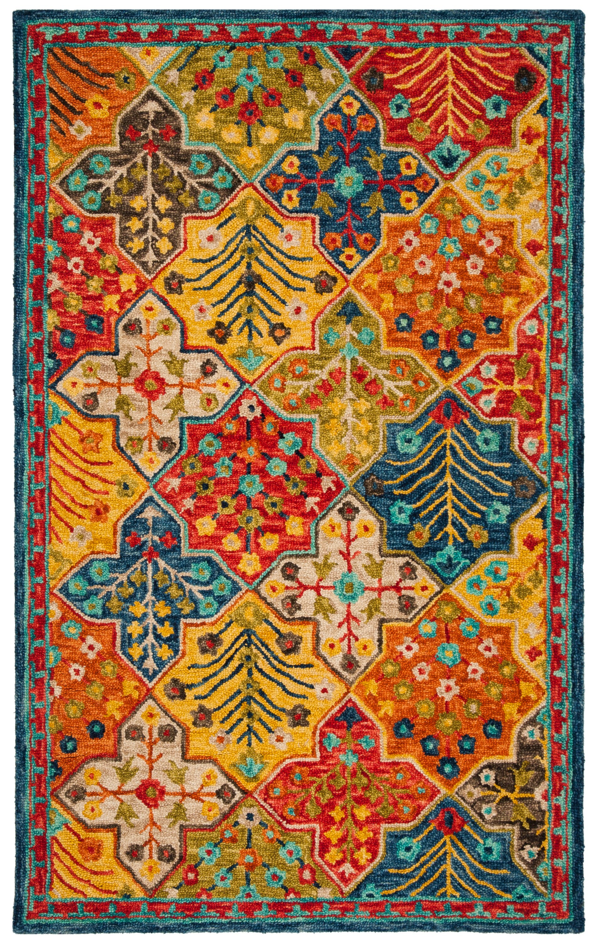 Handmade Blue and Orange Floral Wool Area Rug 4' x 6'