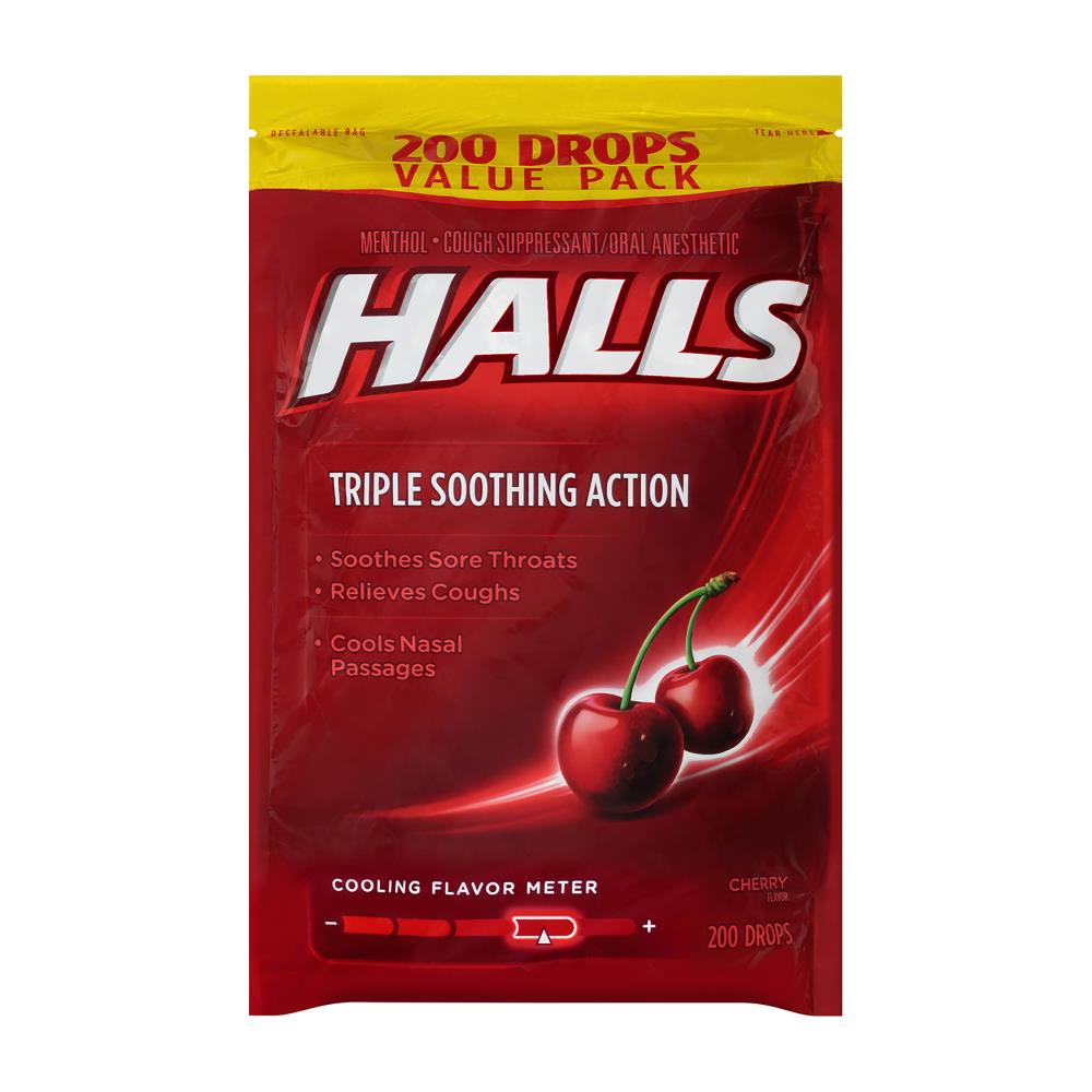 Halls Cough Suppressant Cherry Cough Drops Triple Soothing Action, 200  Count in the Snacks & Candy department at