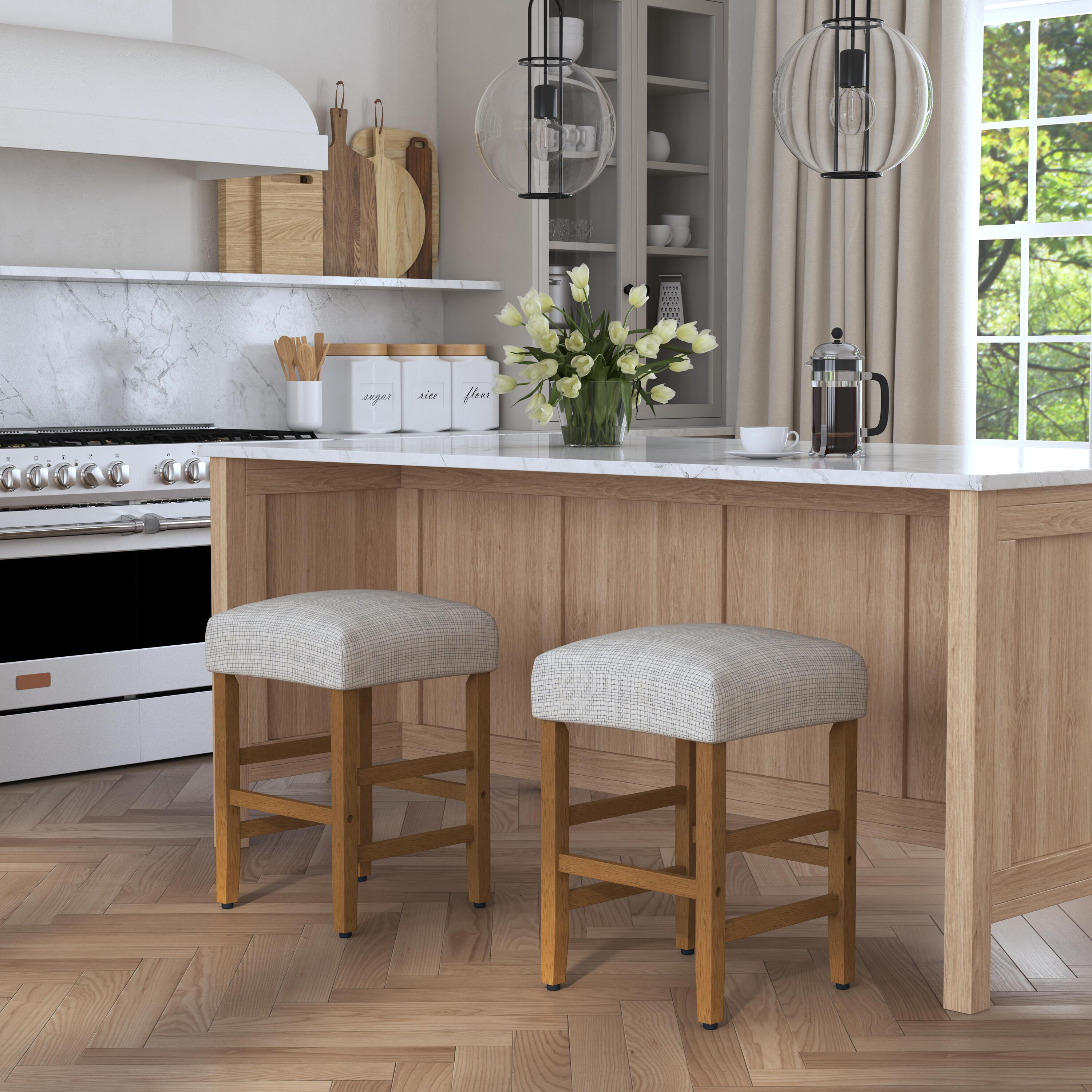 HomePop K7699.24-F2426 1 Barstool Square Sage Mini Grid Pattern 25-in H Counter height Square seat Upholstered Wood Bar Stool