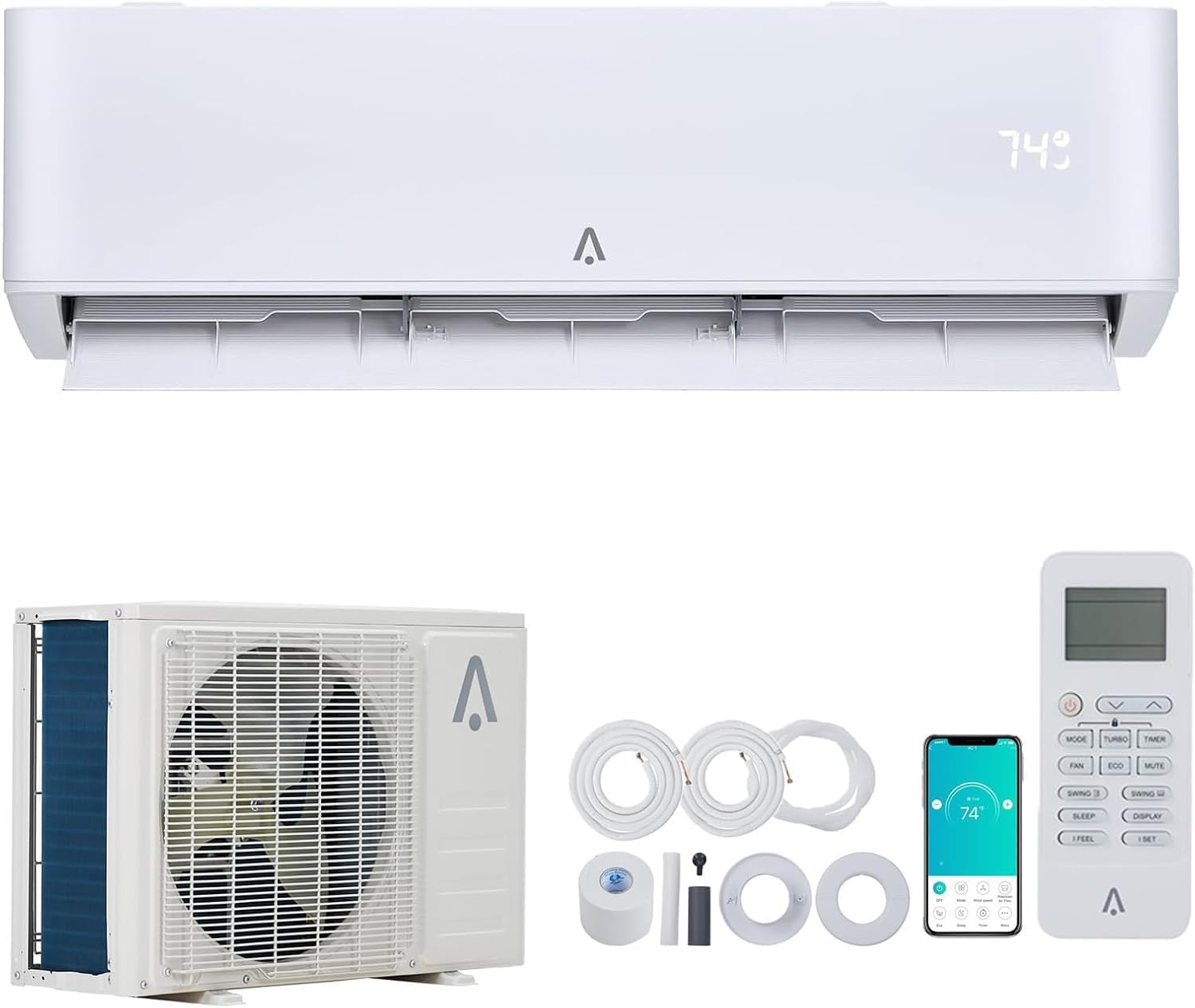 Qeetex LHF-AD-PHO-10MVMOY6 18000BTU Smart Mini Split AC/Heating System - 23 SEER2 Inverter Ductless Heat Pump with Alexa - Pre-Charged and 16.4ft Install Kit - Cools/Heats 1250 Sq.Ft (230V)