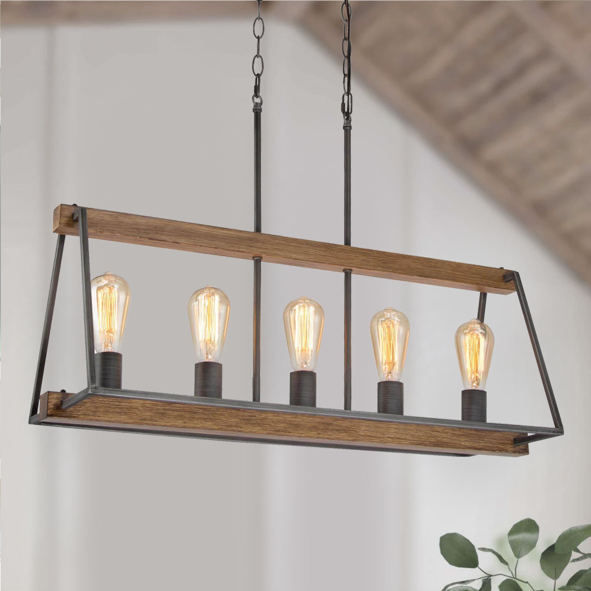 LNC 2AUFR3LWS381127 Martin 5 -Light Antique Brown Wood Grain and Brushed Gray Farmhouse Linear Large Hanging Kitchen island light