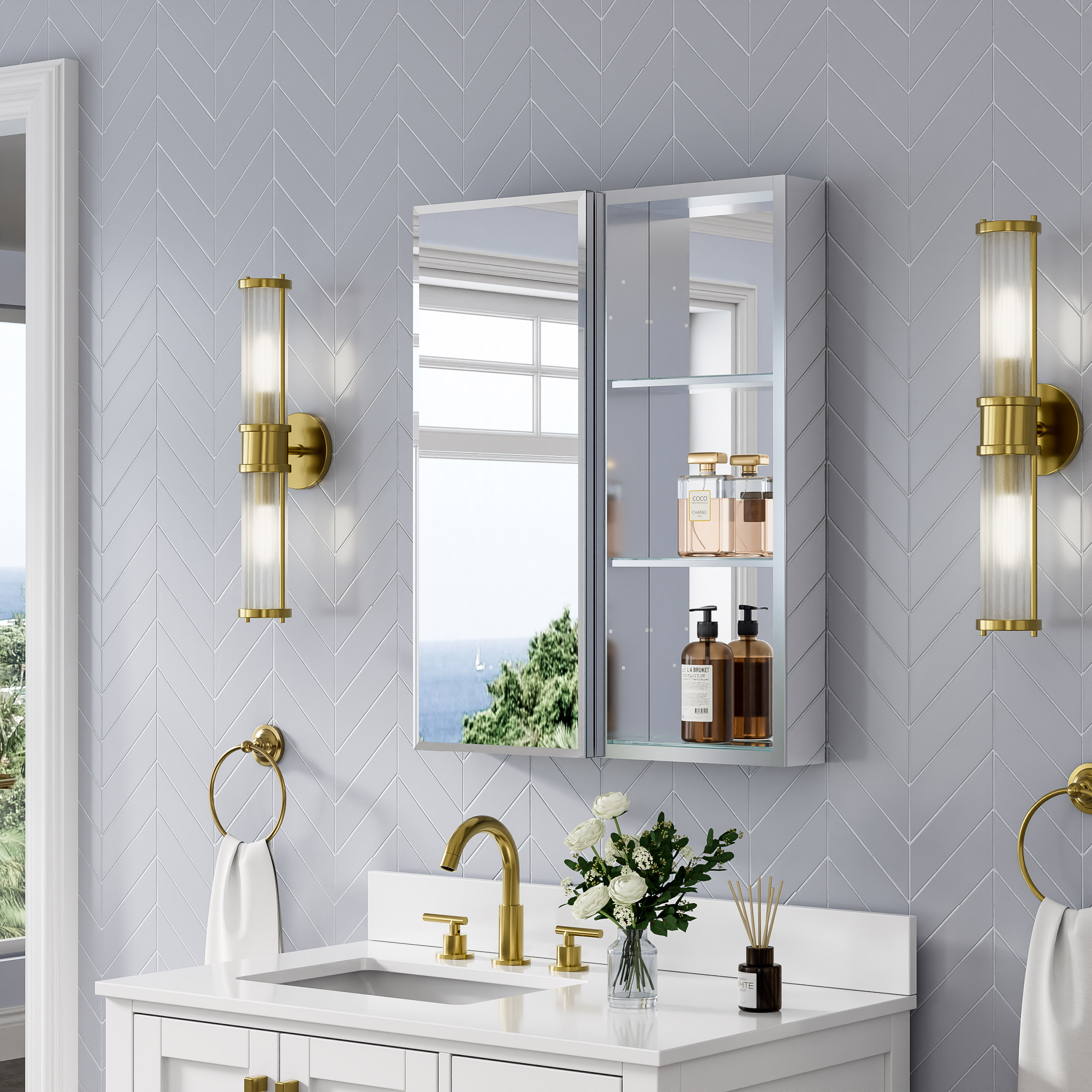 Forclover - Reversible Beveled Mirror Cabinet 24-in x 30-in Surface/Recessed Mount Silver Mirrore...