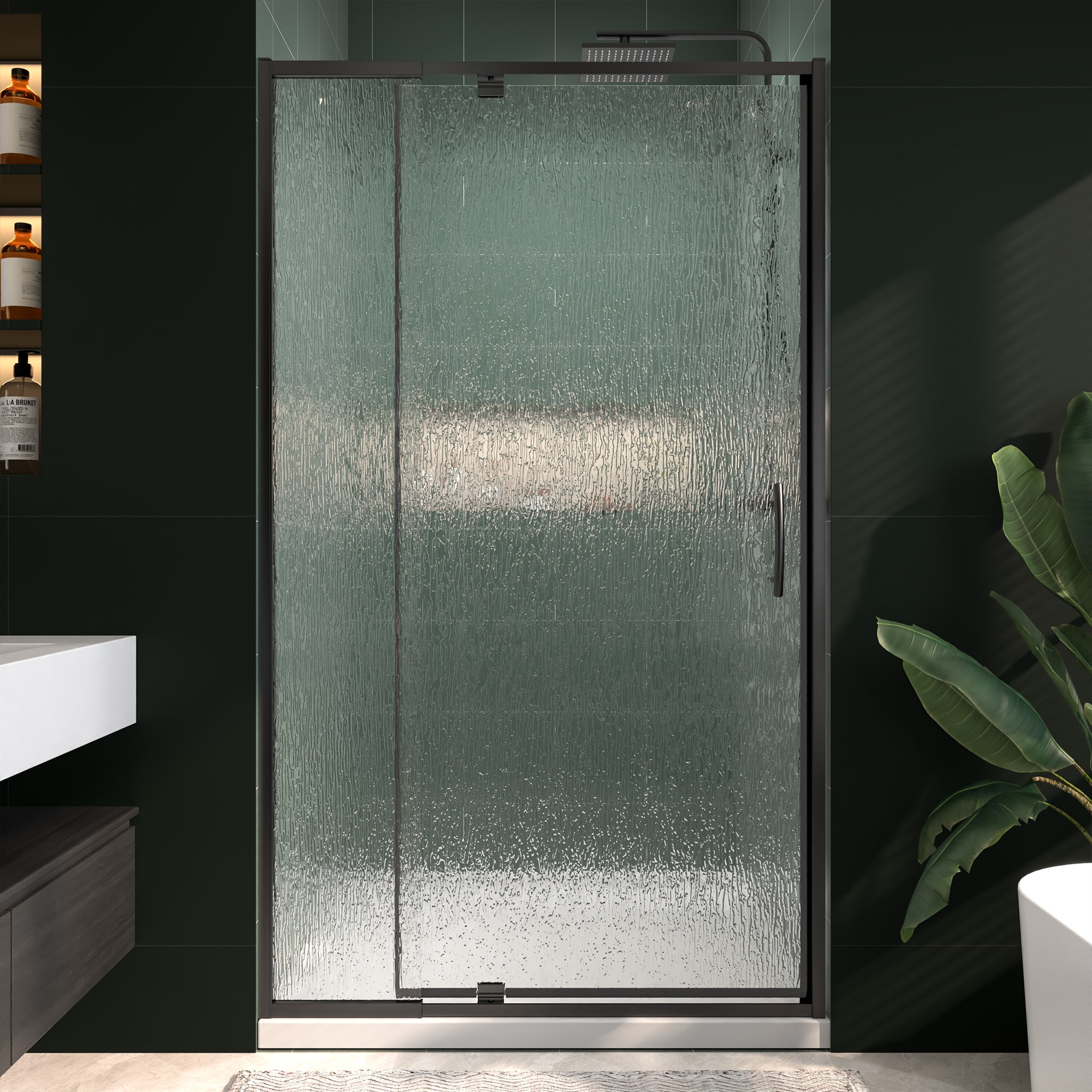 AAZJ Fortin Pivot Shower Door Matte Black 38-in to 42-in W x 71-in H Framed Rain Glass Pivot Shower door