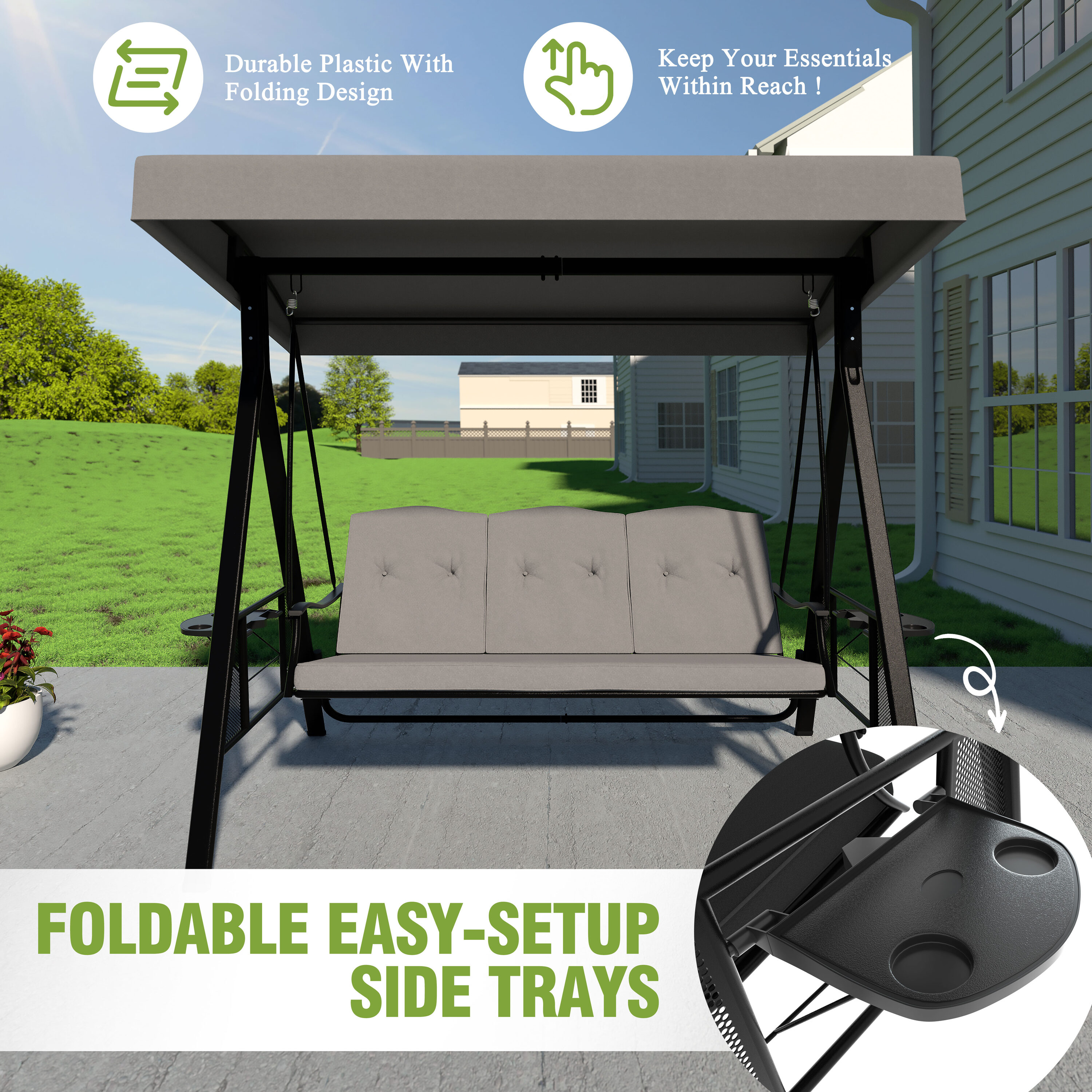 VEIKOUS Included side trays 3-person Dark Gray Steel Outdoor Swing in the  Porch Swings & Gliders department at