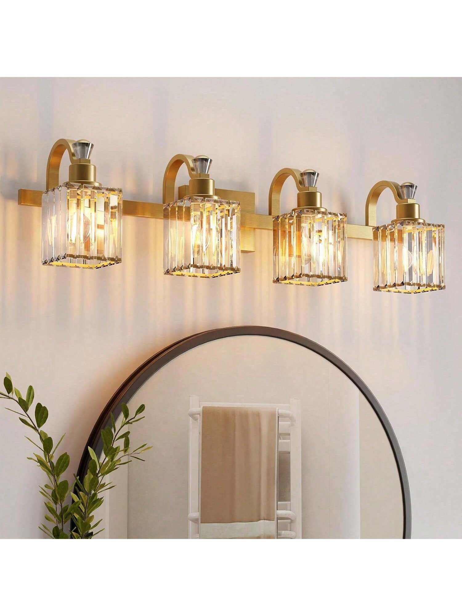 Qeetex PHO-1597ZWZX-HF4 4 lamp Gold Bathroom Vanity Lights with Square Shade. Modern Crystal Vanity Lights Mirror Lights. Modern Crystal Wall Lights. Mirror Lights for Bathroom. Bedroom. Kitchen