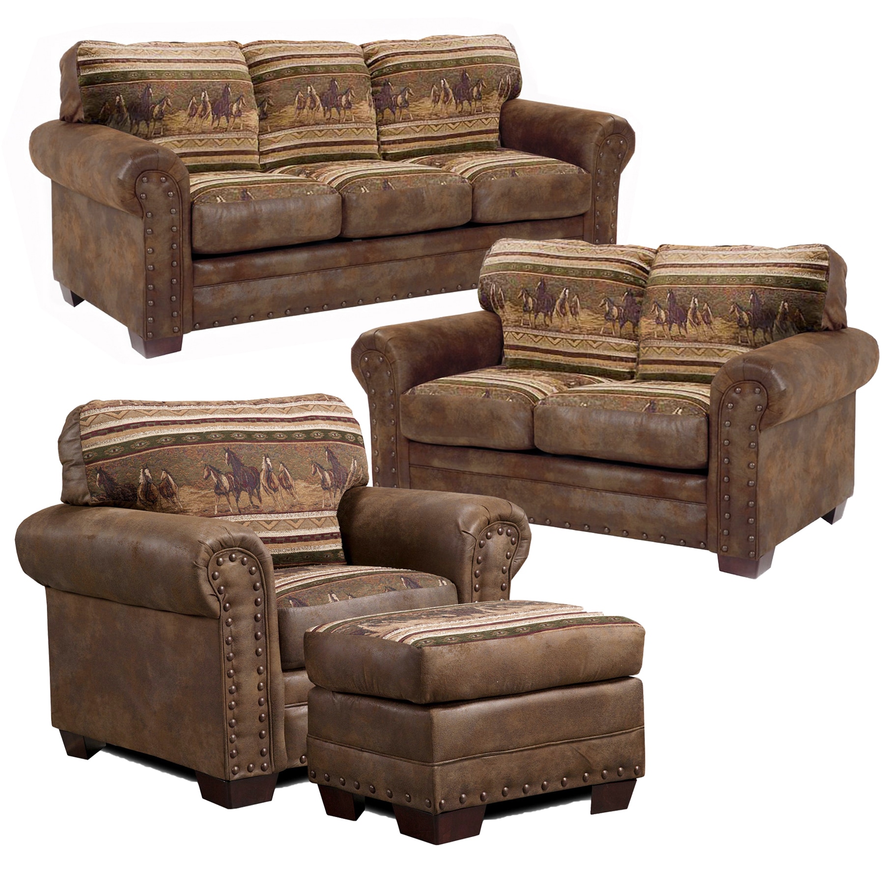 A Furniture Classics 8500-40K Rustic 4 -Piece Microfiber Wild Horses Tapestry and Brown Pinto Living Room Set