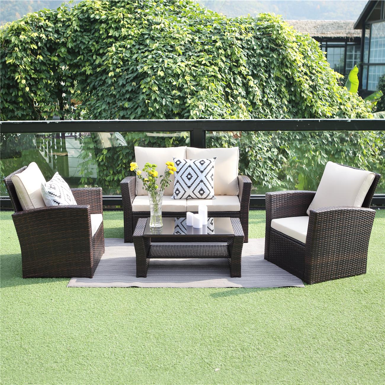 Bayfeve BF-182815-PCS 4 -Piece Wicker Patio Sofa Conversation Set with Off-white Cushions
