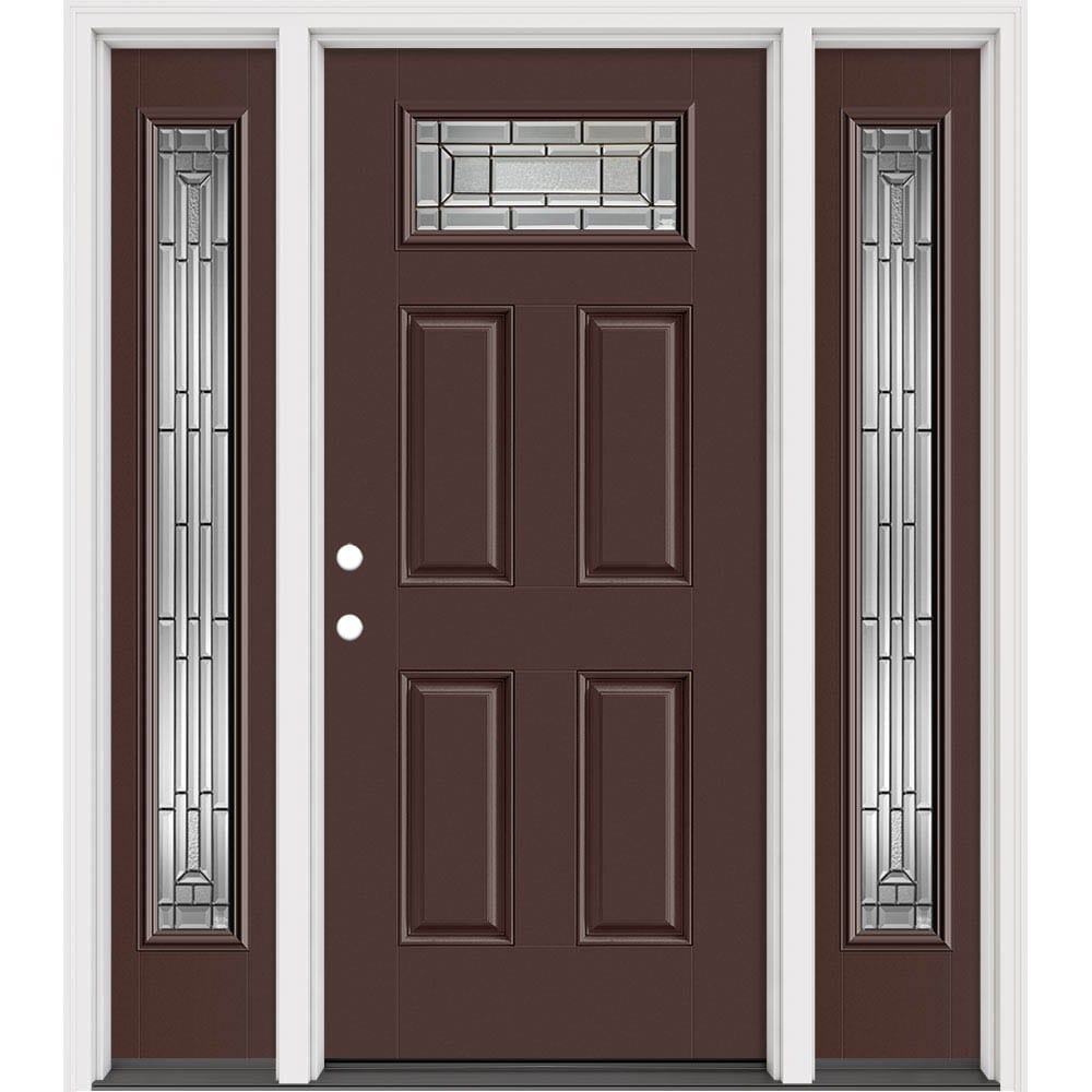 Masonite 633008 Sequence 64-in x 80-in x 4-9/16-in Fiberglass 1/4 lite Right-hand inswing Chocolate Painted Prehung Slab Front Door with Sidelights with Brickmould Insulating core