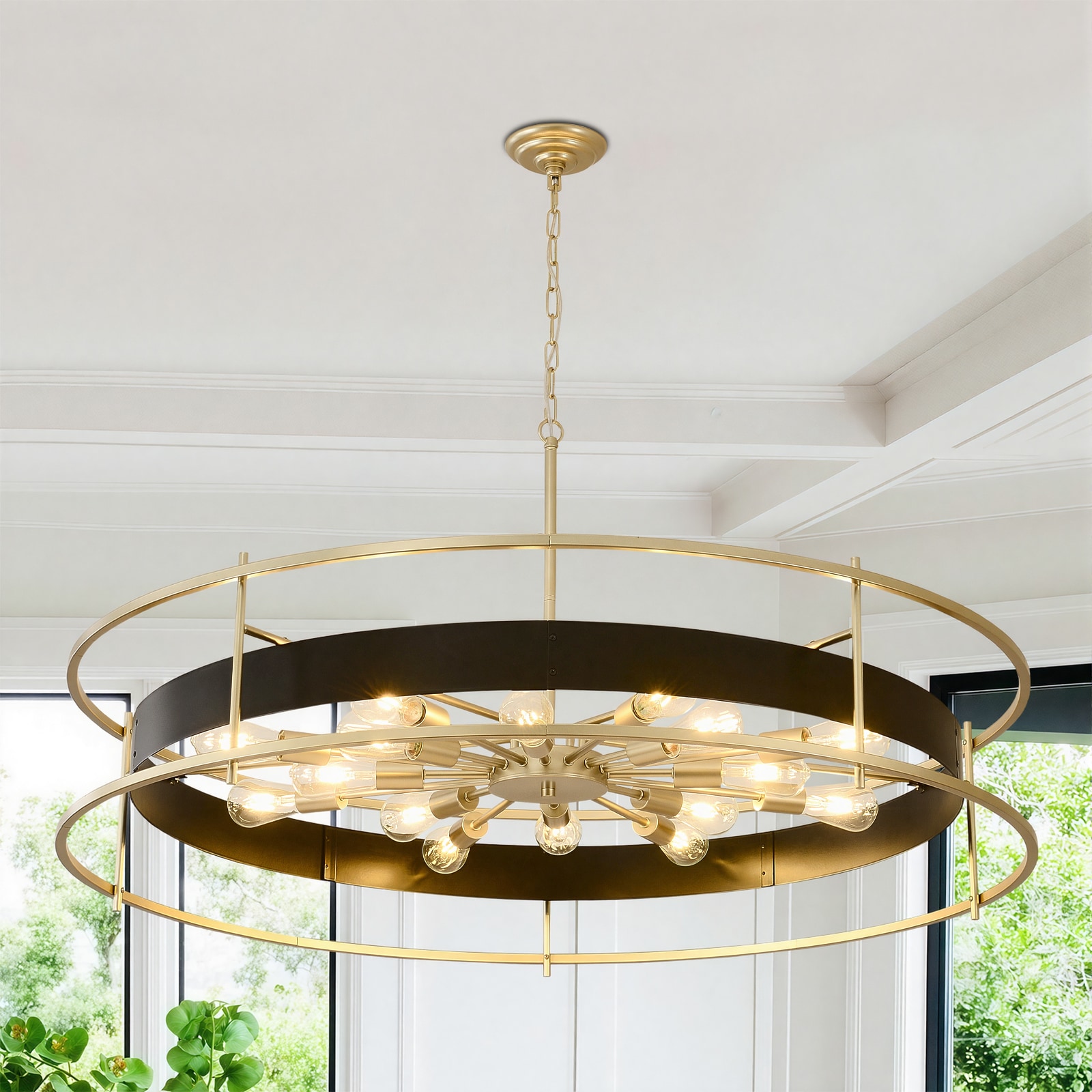 xersbav Modern Gold Drum Chandelier Industrial Circular Chandeliers Refined Round Hanging Light Height Adjustable 16 Light Metal Frame for Dining Room Living Room Staircase Kitchen Island