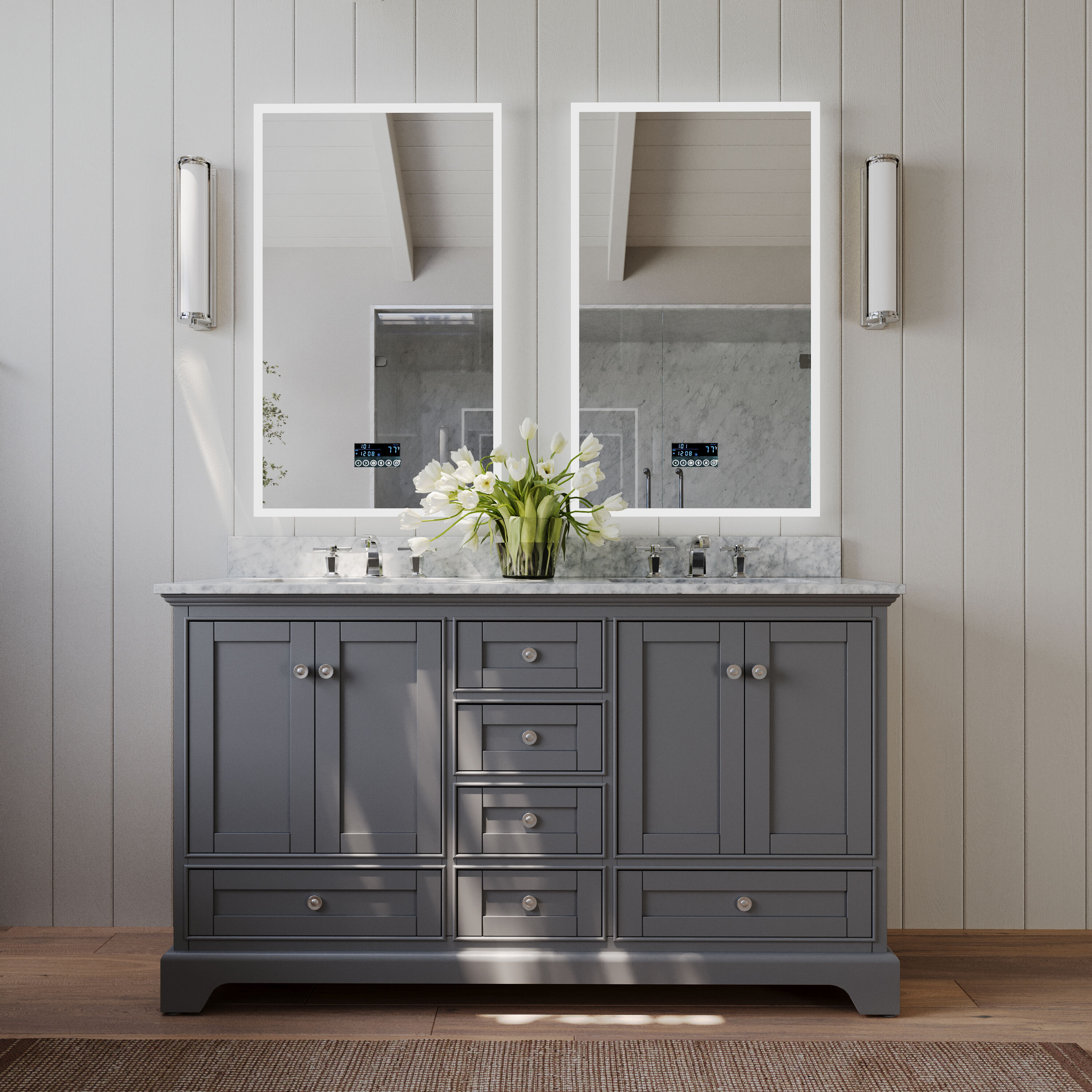 Ancerre Designs VTS-AUDREY-66-SG-CW Audrey 66-in Sapphire Gray Undermount Double Sink Bathroom Vanity with Carrara White Natural Marble Top