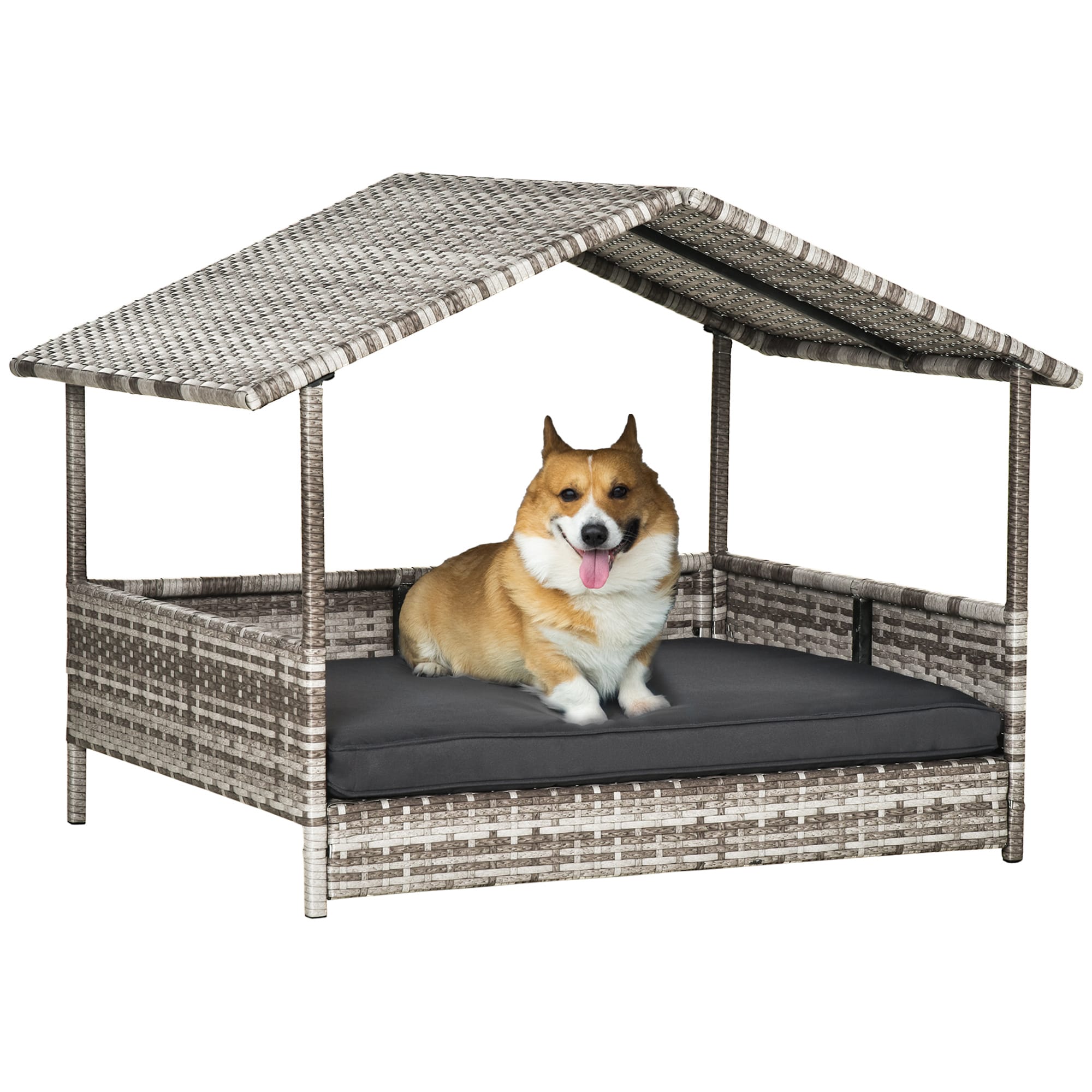 LOVMOR SF-H-W2225141097 Wicker Dog House Outdoor with Canopy Rattan Dog Bed with Water-resistant Cushion for Small and Medium Dogs Cream