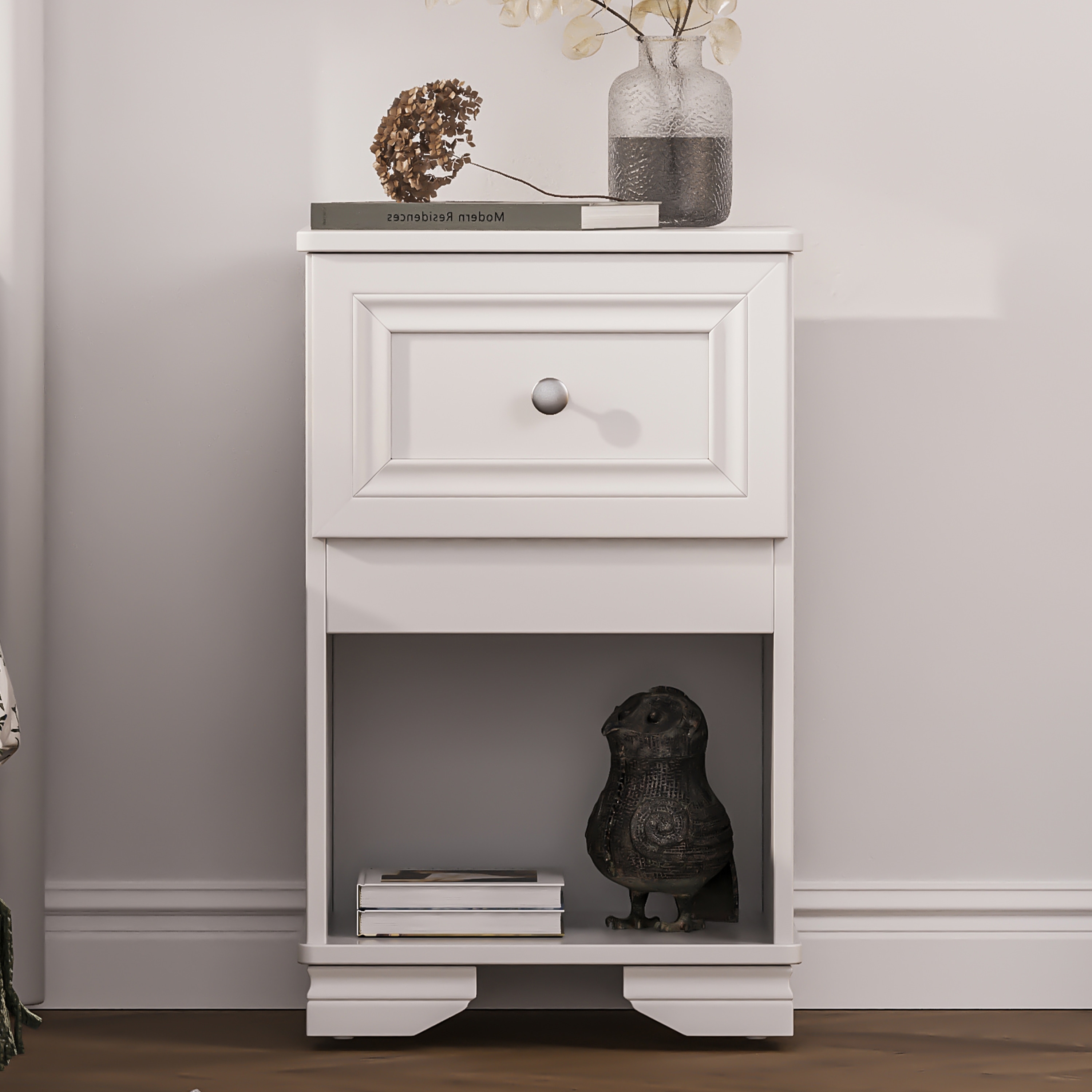 LOVMOR SF-R-N733P199704K Elegant Design Nightstand with Drawer and Open Shelf for Bedroom Retro Style Bedside Table with Classic Design and Metal HandleWhite
