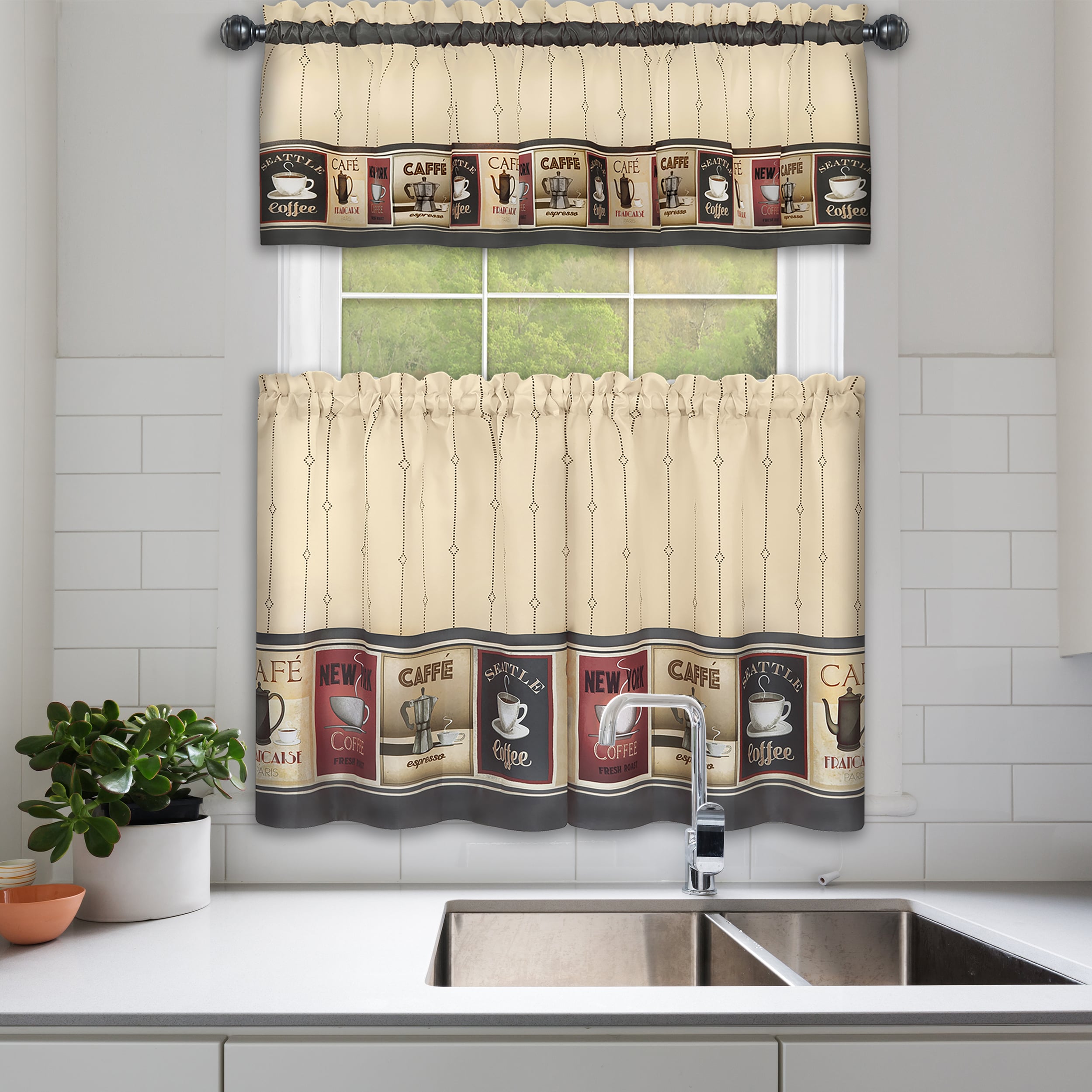 Cozy Cafe Tan-Black Wide Tier & Valance Set