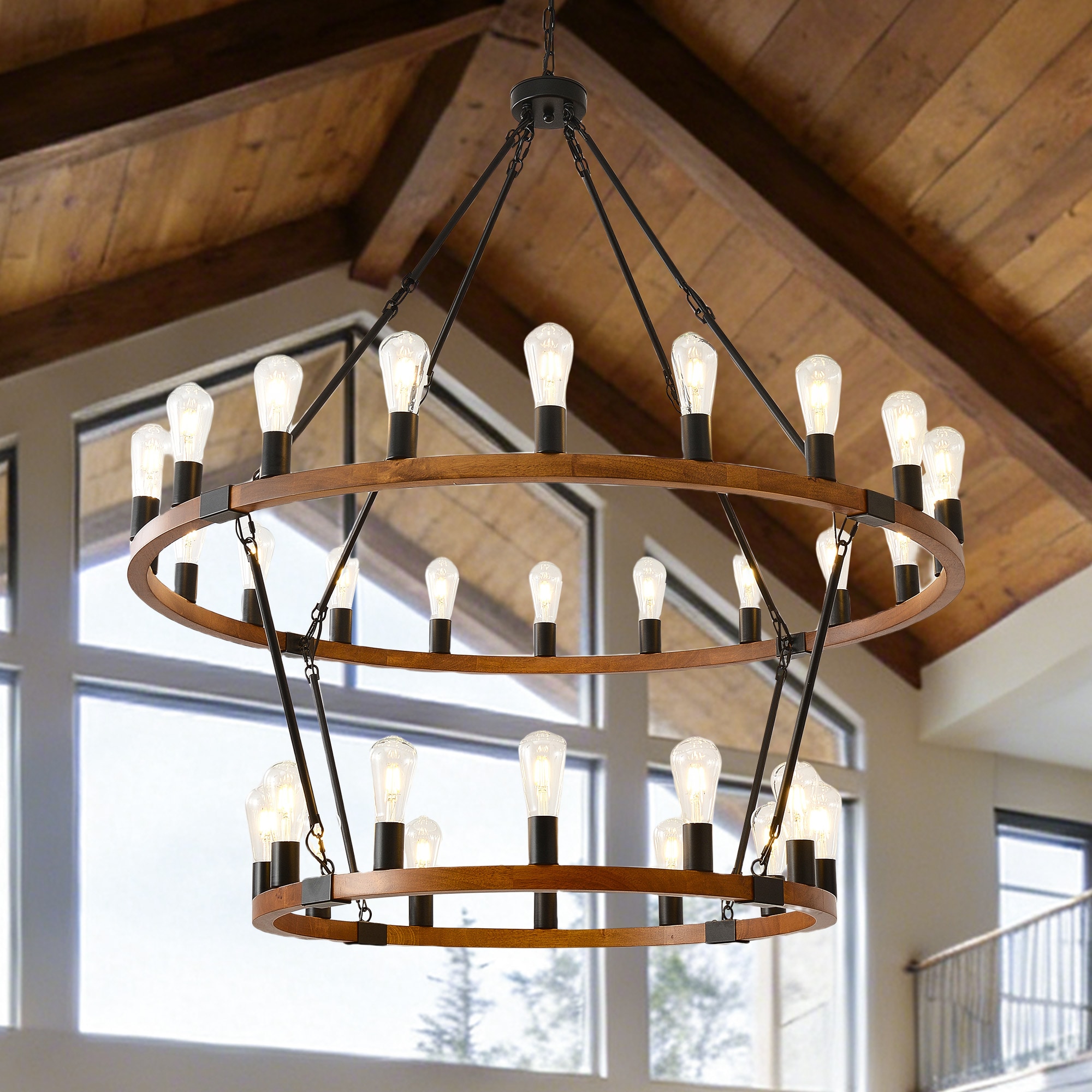 xersbav Rustic Wood Wagon Wheel Chandelier Farmhouse Black Pendant Light 36 Lights 47 inch Large Round Chandeliers for High Ceilings Entryway Foyer Dining Room Living Room #WJA19-36