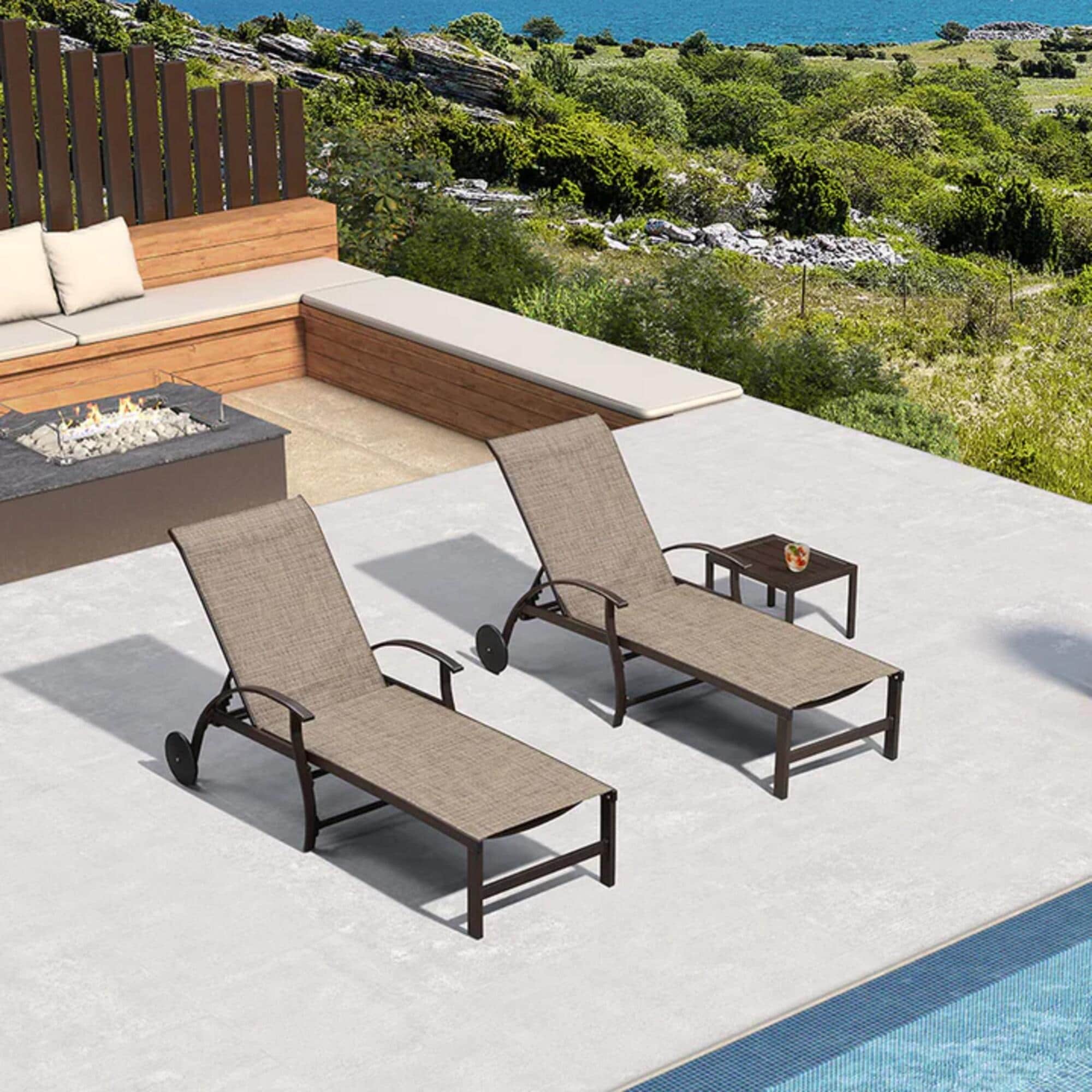 PURPLE LEAF Chaise Lounge Set of 2 Stackable Brown Aluminum Frame Stationary Chaise Lounge Chair with Brown Mesh Seat