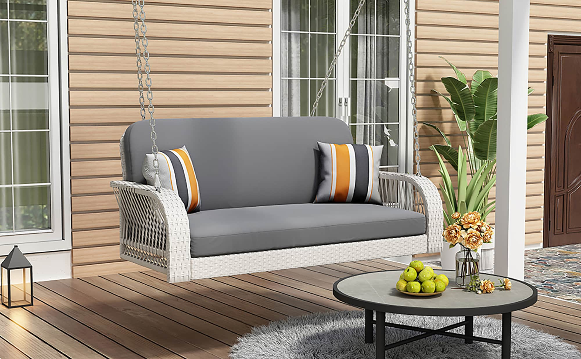 PE Wicker Porch Swing, 2-Seater Hanging Bench With Chains Porch Swings ...