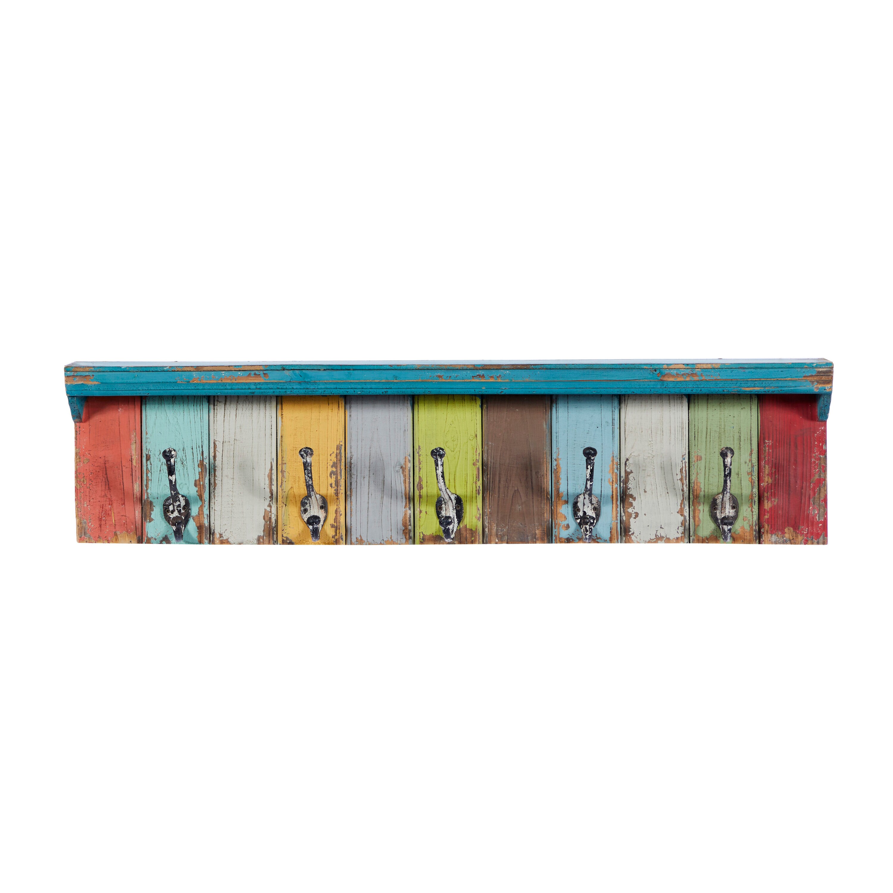 Rustic Multicolor Wood and Metal Wall Hook with Shelf