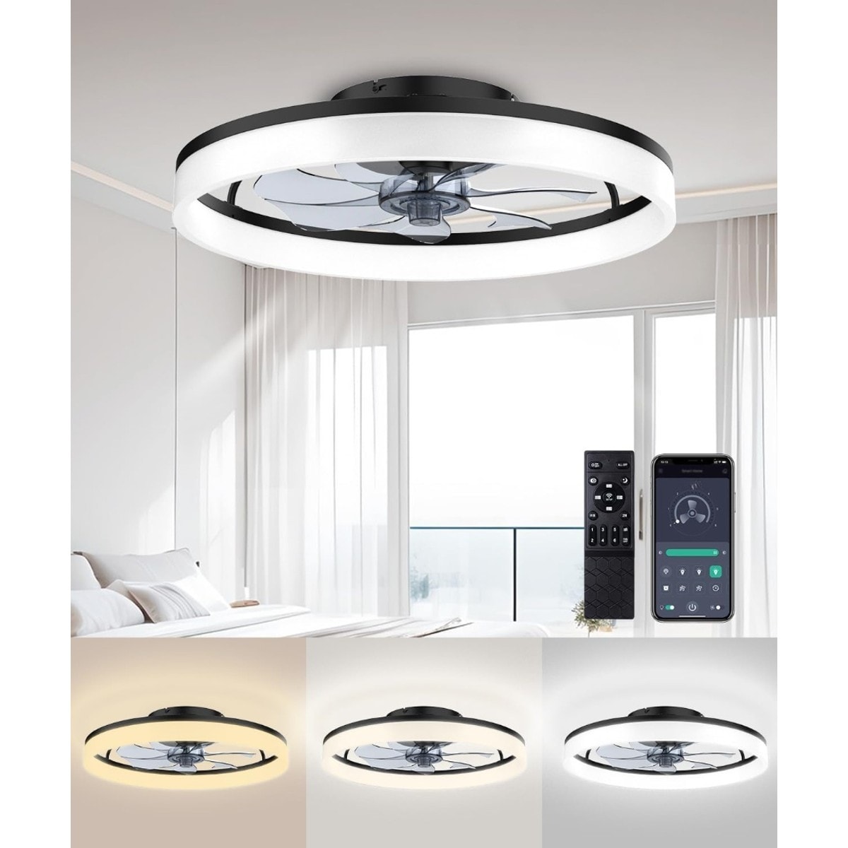 Pacrigo  20 inch Modern Low Profile Ceiling Fan with Light and Remote 6 Speed Quiet Reversible Motor Flush Mount Fandelier for Bedroom Black