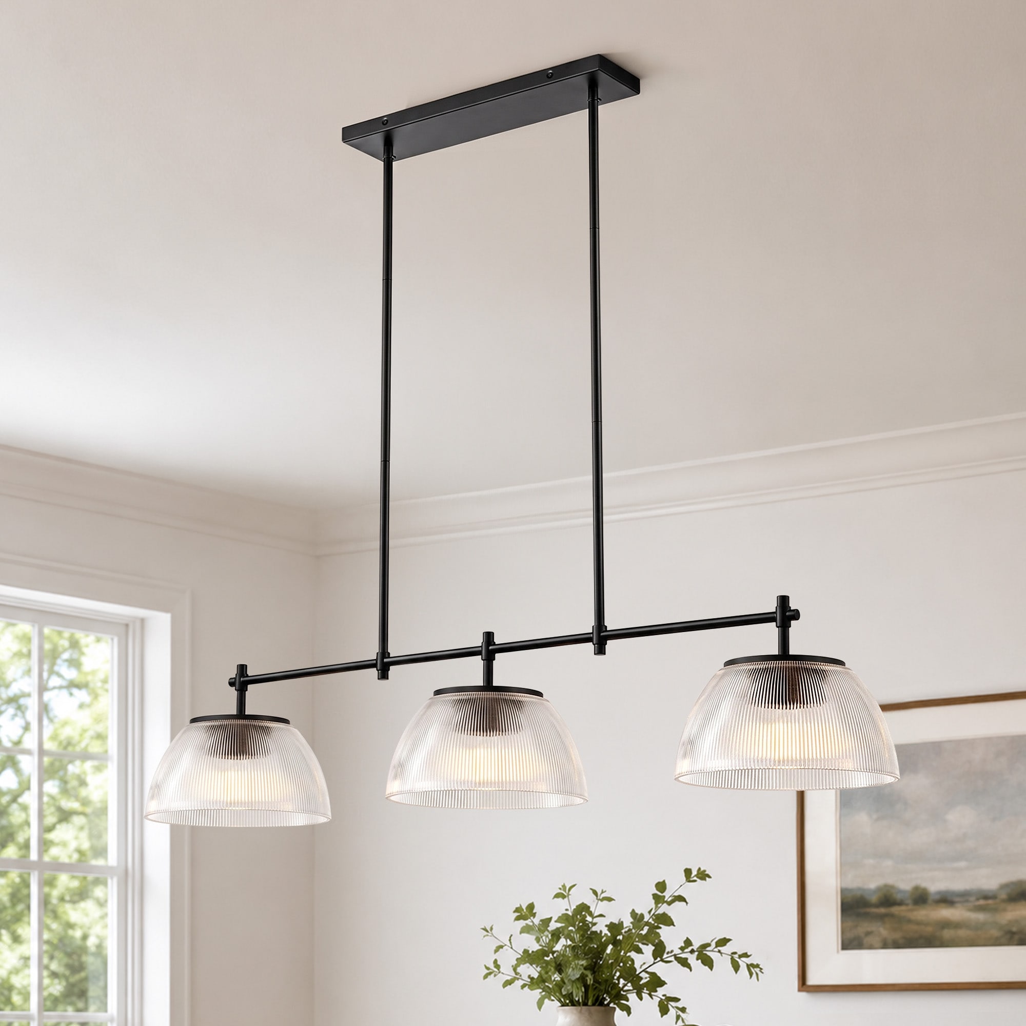 LamQee 51.2'' Modern Large Ceiling Light 3 -Light Matte Black Ribbed glass Metal Chandelier