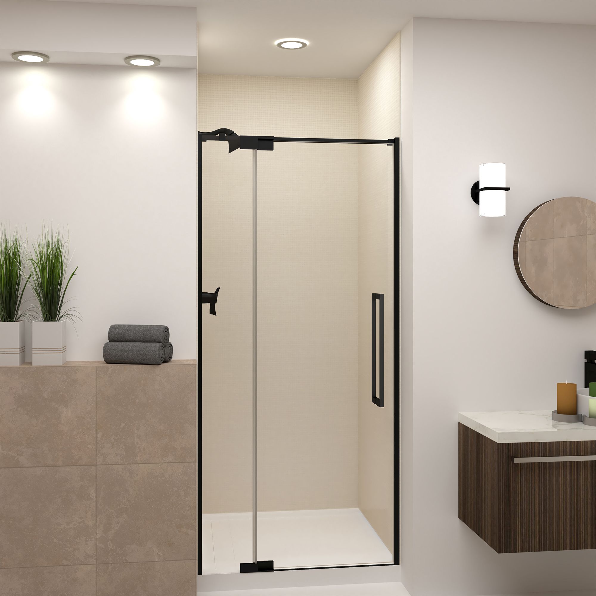 Transolid IPD367610C-S-MB Irene Matte Black 32-in to 36-in x 76-in Semi-frameless Pivot Shower Door