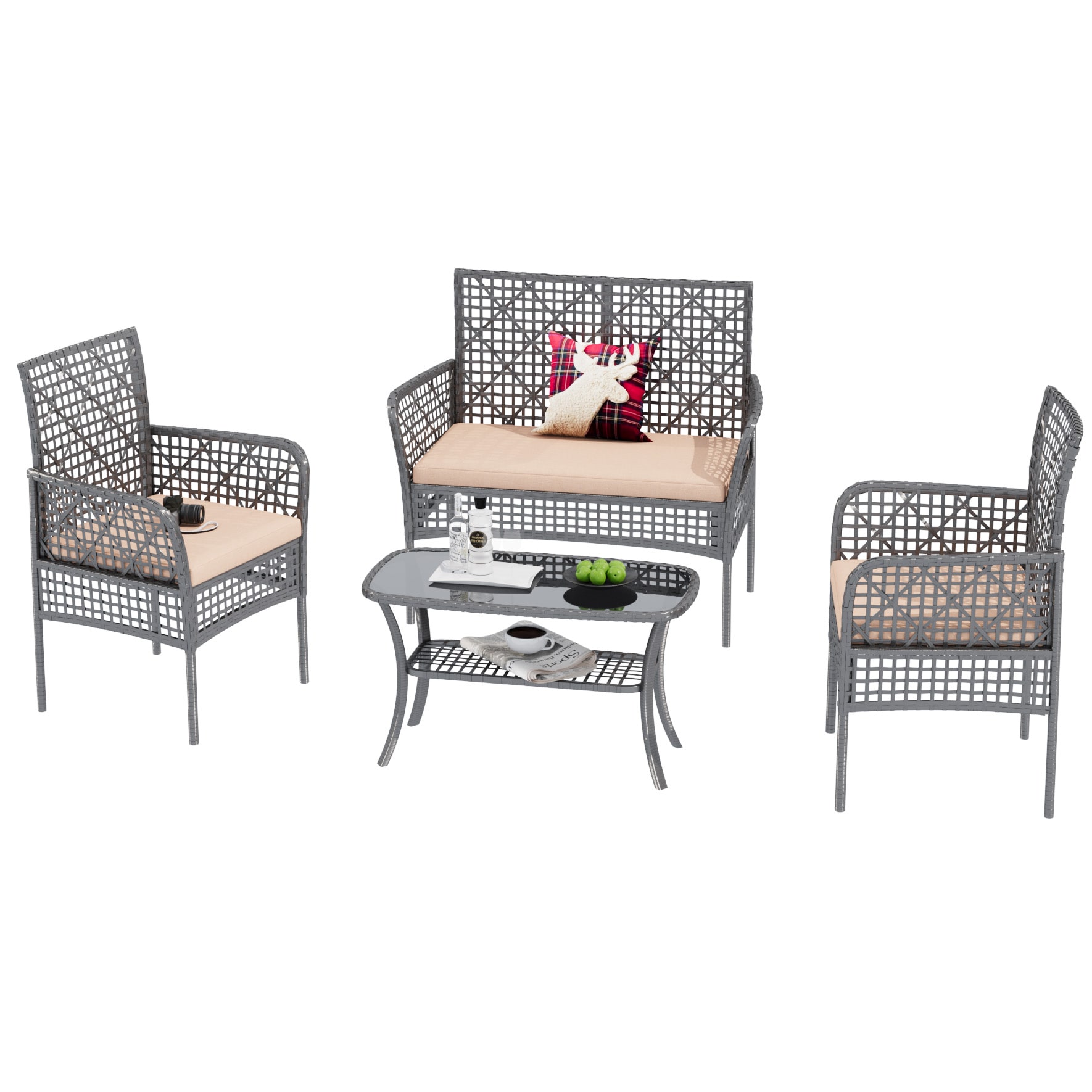 CESICIA QS-042 Patio Chairs Set of 2 Wicker Beige Wicker Frame Stationary Conversation Chair with Beige Woven Seat