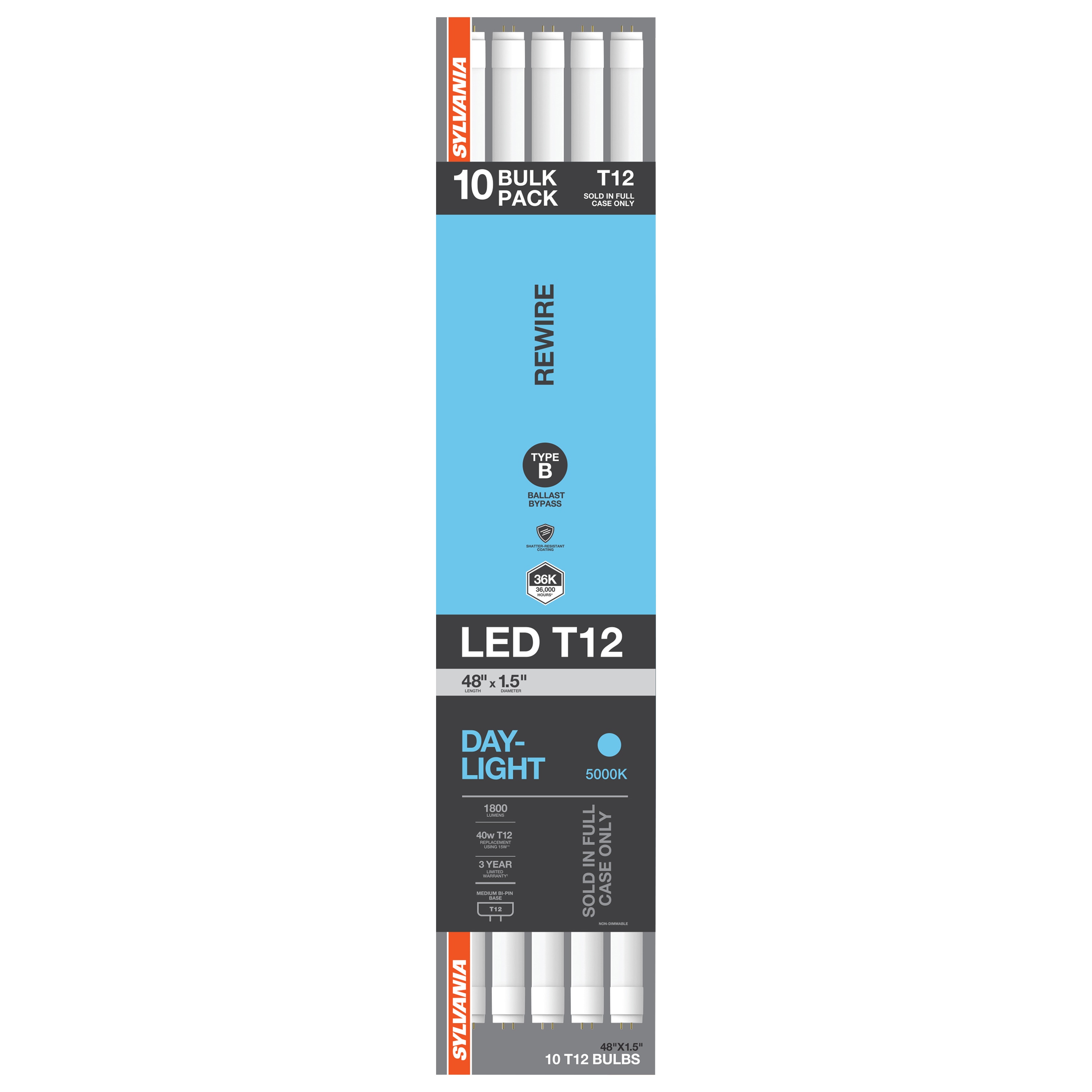 SYLVANIA 40 -Watt EQ T12 Daylight Medium bi-pin base G13 LED Tube Light Bulb 10 -Pack