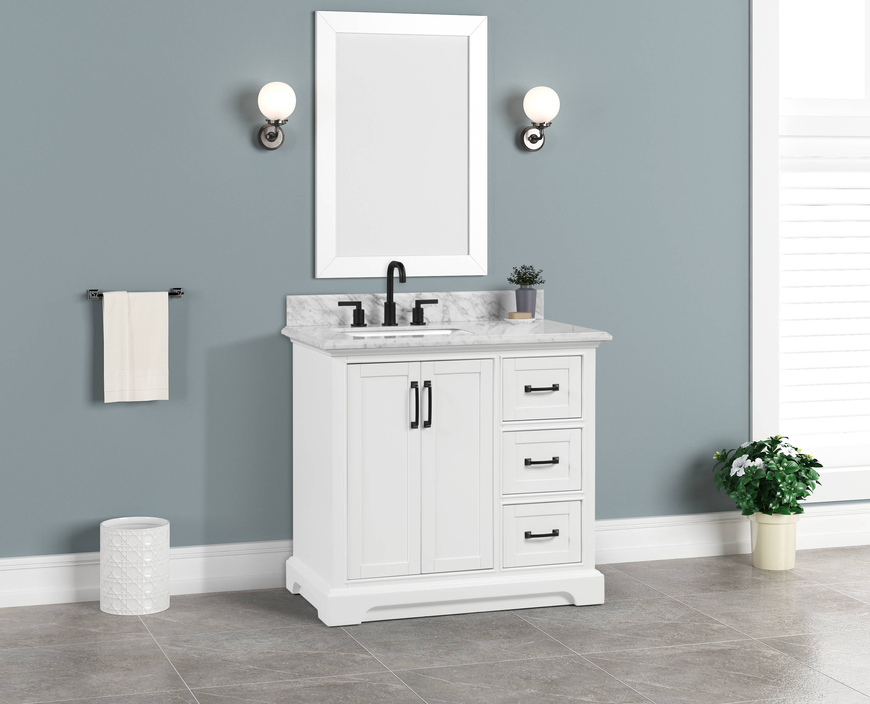 Allen Roth St John 36 In Carrara White Undermount Single Sink Bathroom Vanity With Natural Marble Top The Vanities Tops Department At Lowes Com