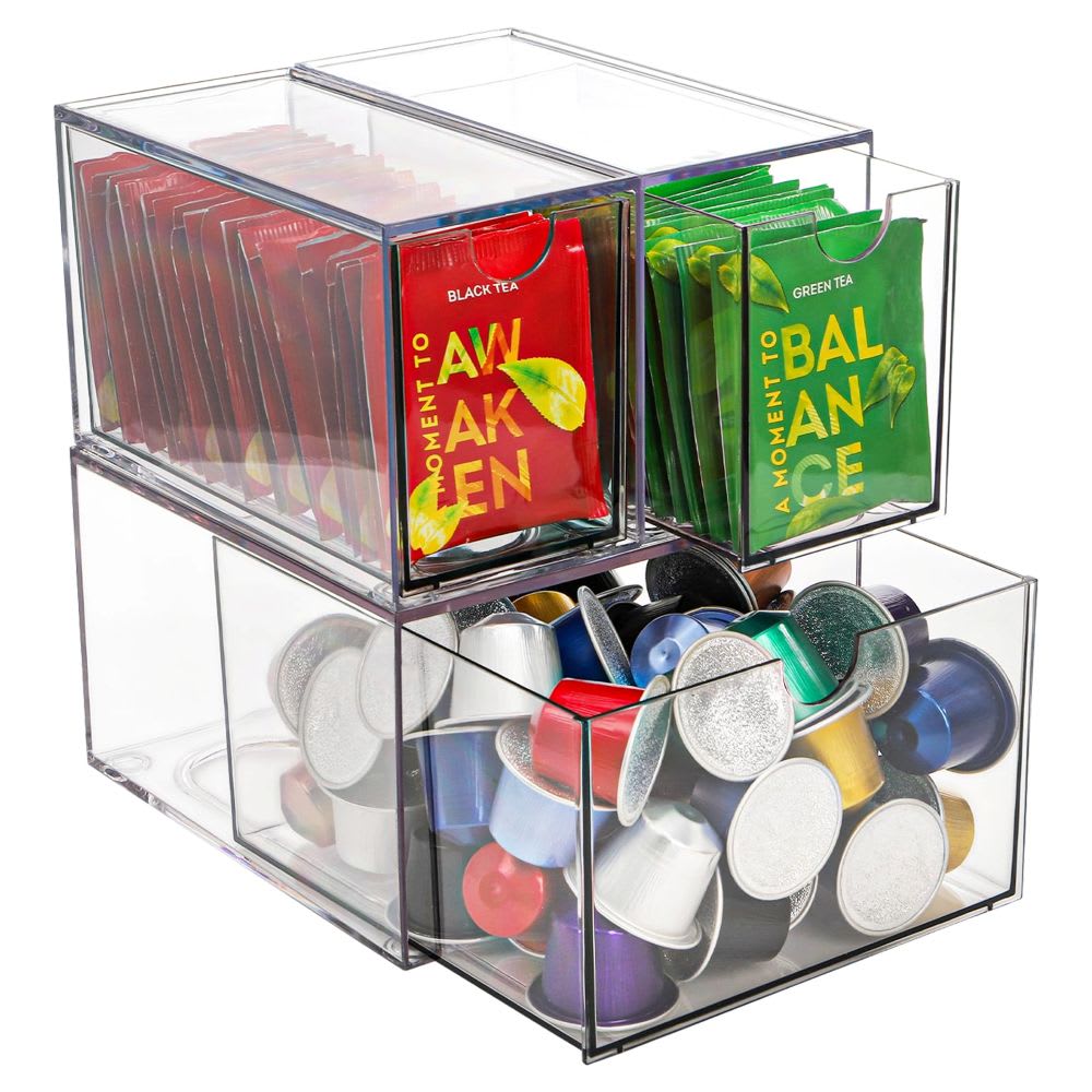 Etokfoks  3 Pack Clear Acrylic Stackable Drawer Tea and Coffee Organizer Set for Cabinet Countertop Storage Holds K Cups Tea Bags Coffee Pods